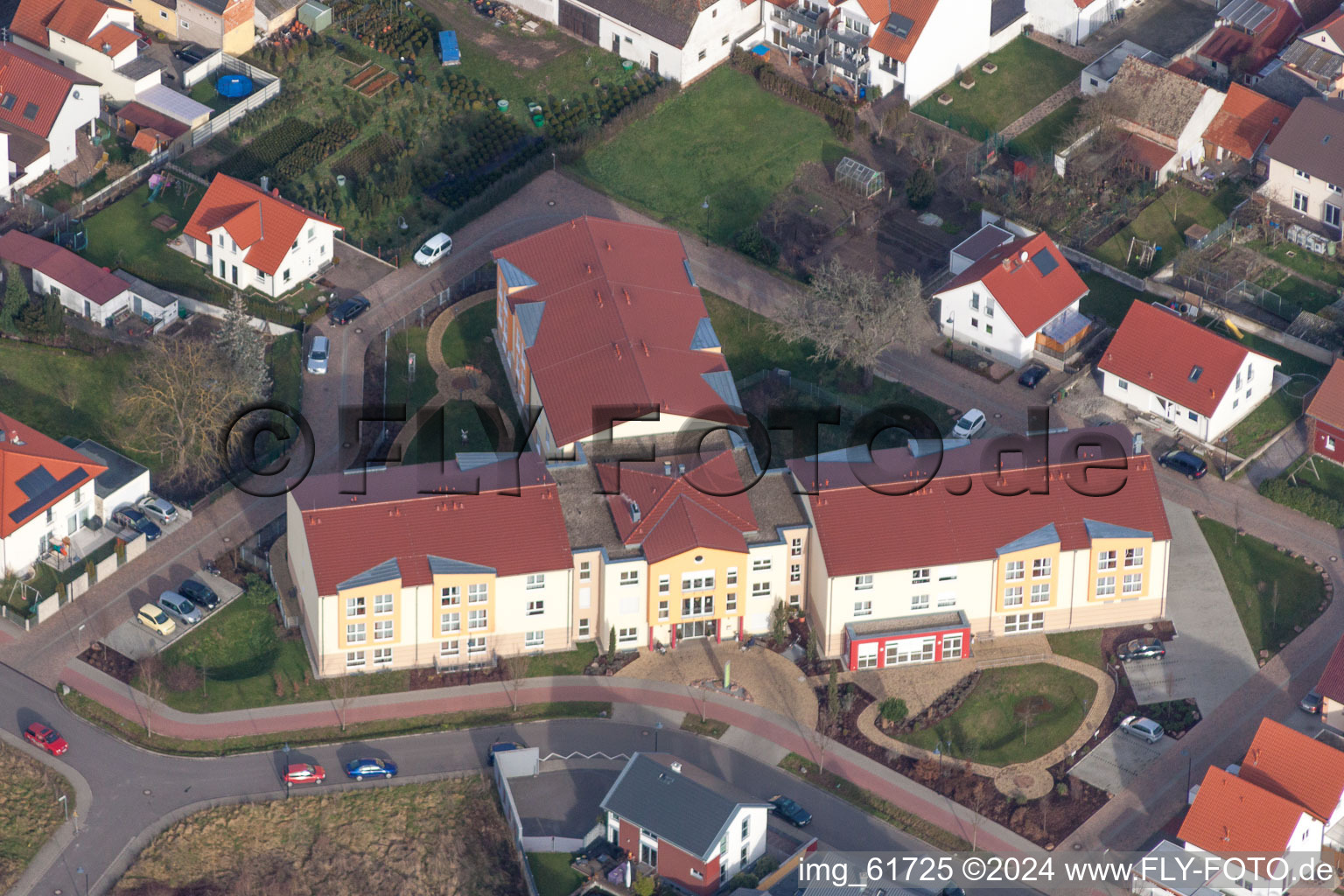 Aerial view of Building of the retirement center Haus Edelberg Senioren-Zentrum Lingenfeld in Lingenfeld in the state Rhineland-Palatinate, Germany