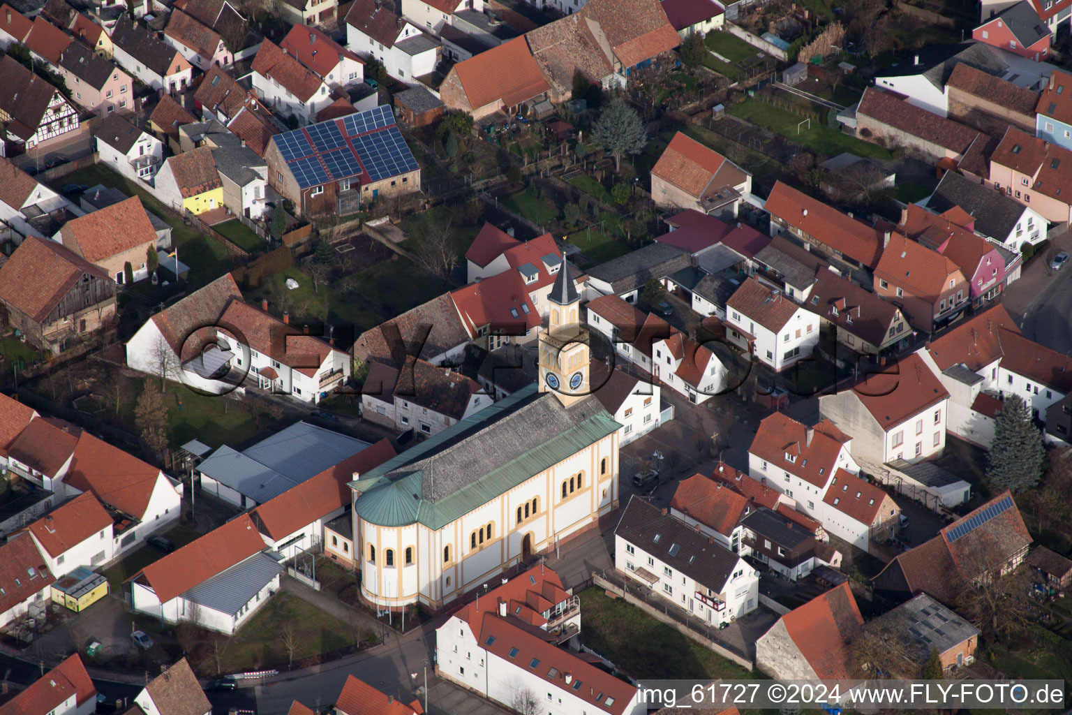 Aerial view of Kirchstr in Lingenfeld in the state Rhineland-Palatinate, Germany