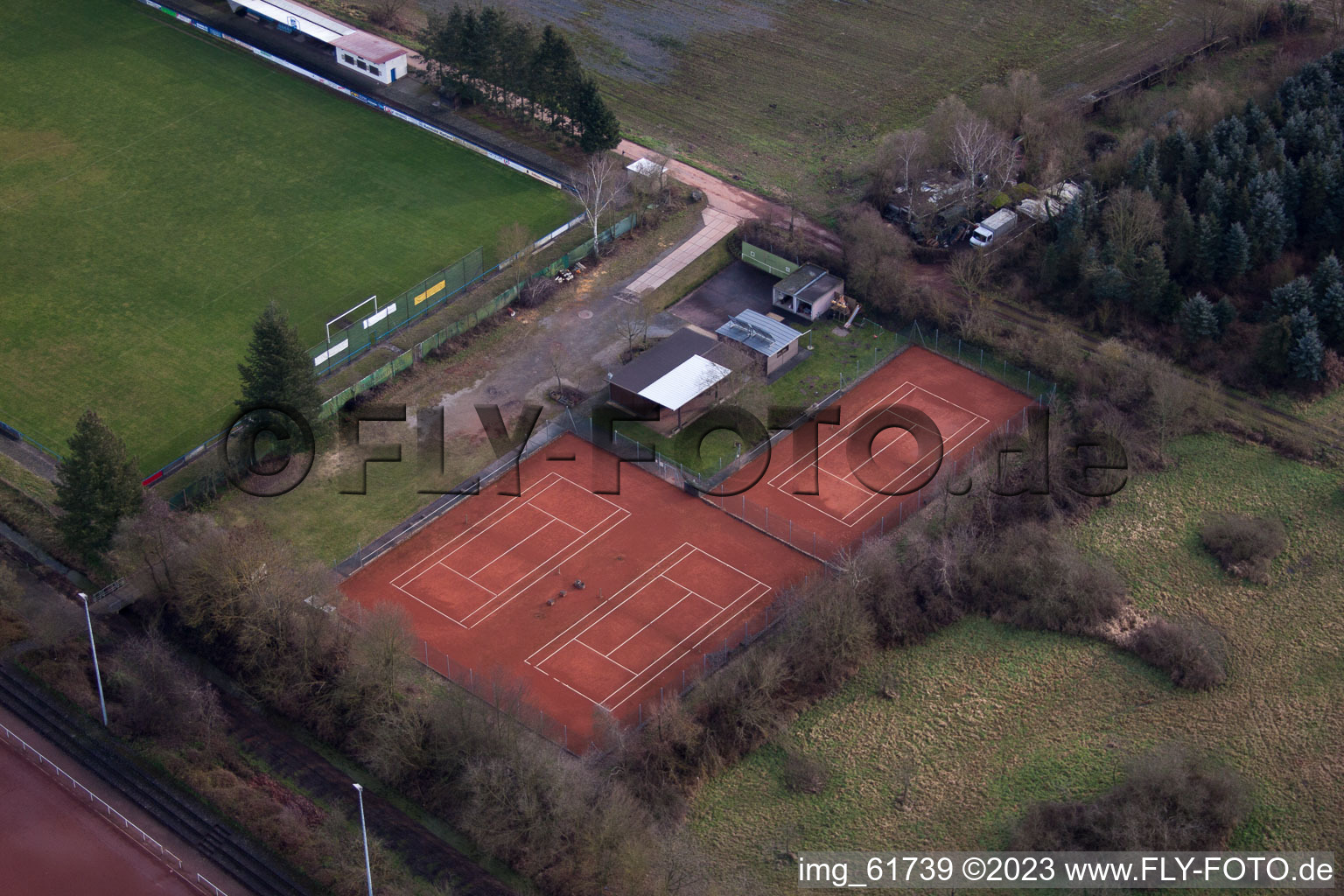 Aerial view of Sports fields in Zeiskam in the state Rhineland-Palatinate, Germany