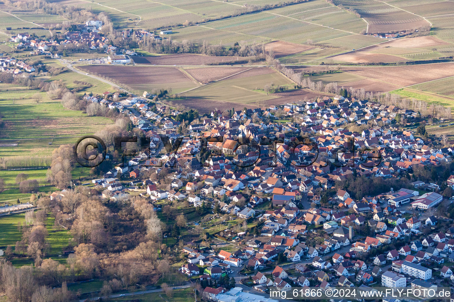 Town View of the streets and houses of the residential areas in the district Ingenheim in Billigheim-Ingenheim in the state Rhineland-Palatinate from the plane