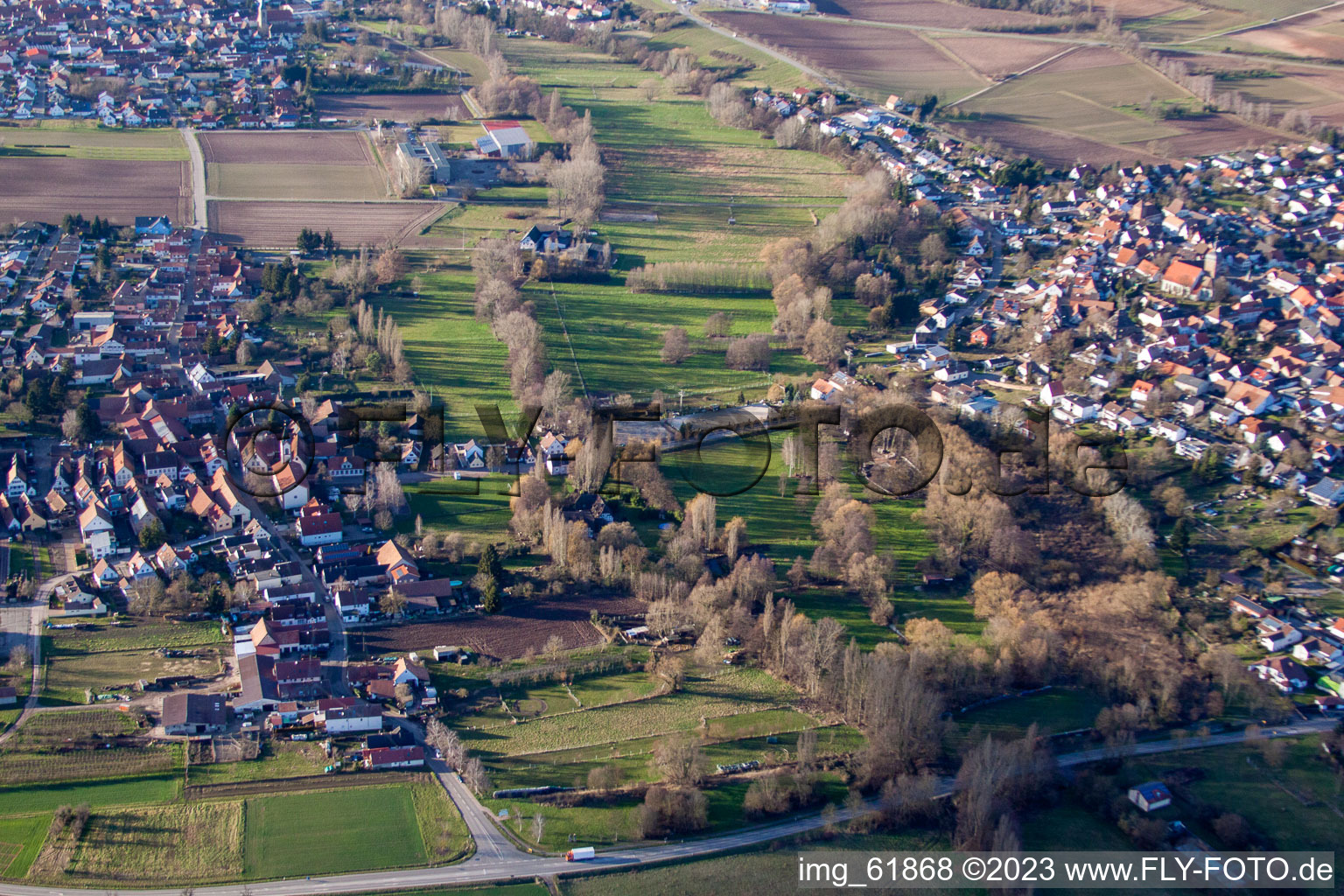 District Mühlhofen in Billigheim-Ingenheim in the state Rhineland-Palatinate, Germany from above
