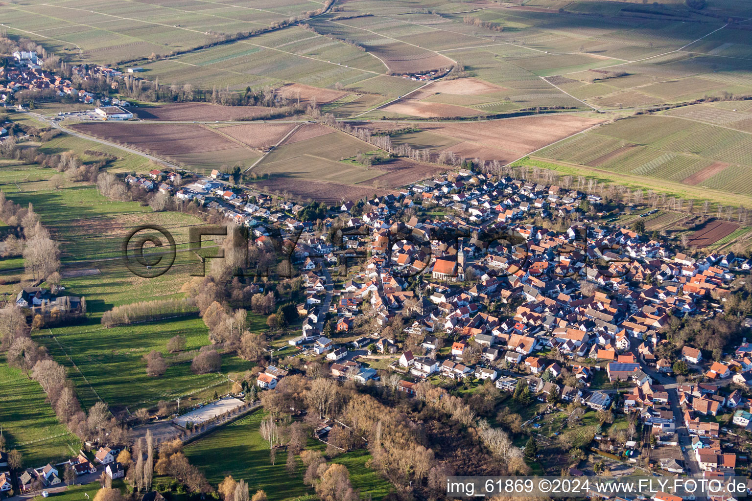 Town View of the streets and houses of the residential areas in the district Ingenheim in Billigheim-Ingenheim in the state Rhineland-Palatinate viewn from the air