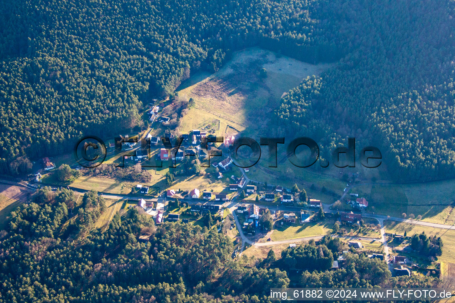 Drone recording of District Lauterschwan in Erlenbach bei Dahn in the state Rhineland-Palatinate, Germany