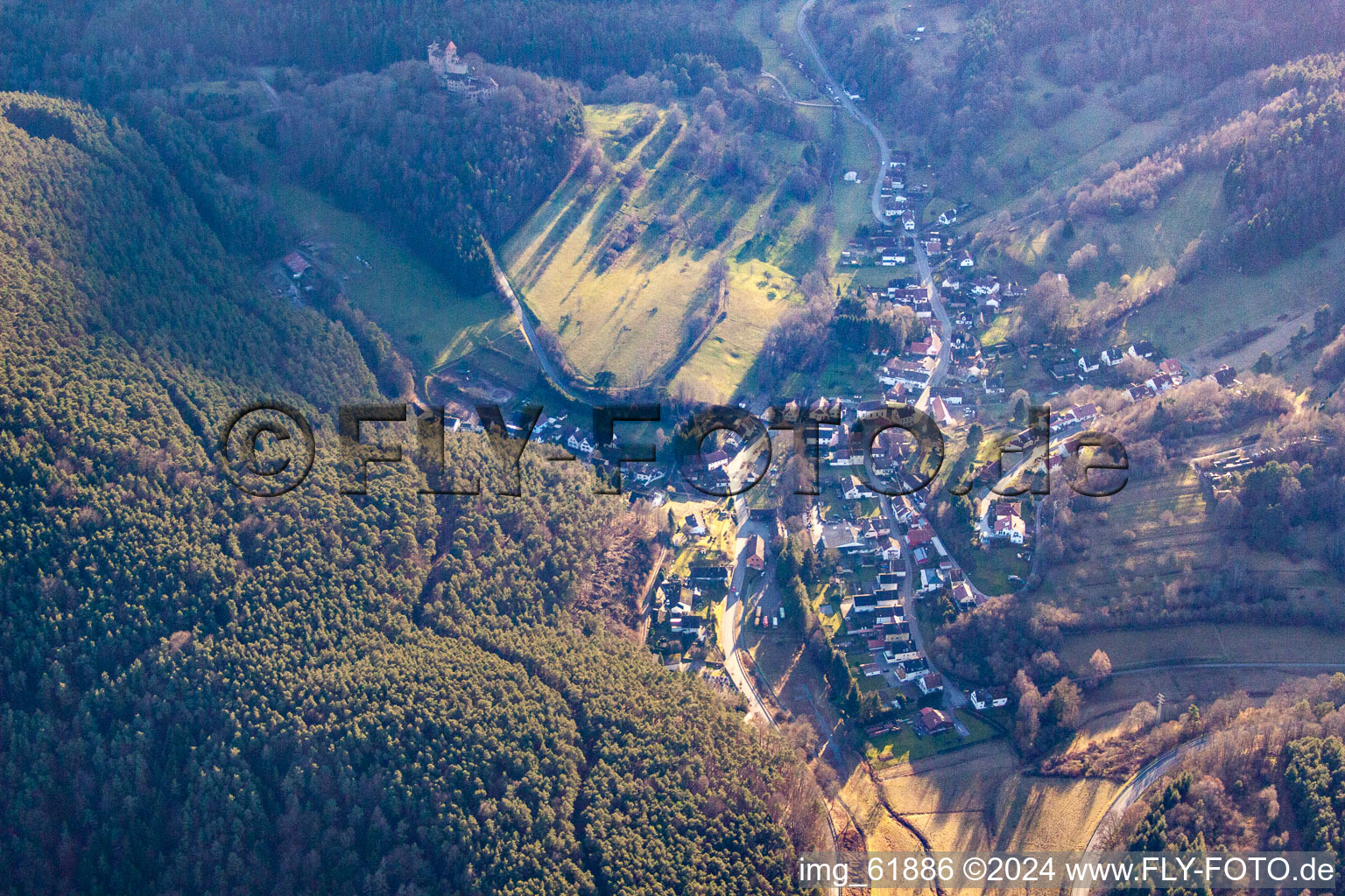 Erlenbach, Berwartstein Castle in Erlenbach bei Dahn in the state Rhineland-Palatinate, Germany viewn from the air