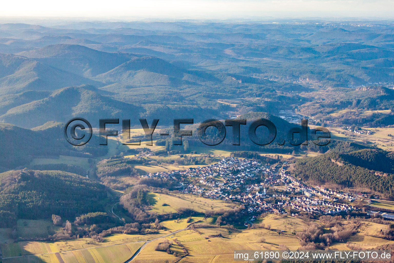 Aerial view of From the east in Busenberg in the state Rhineland-Palatinate, Germany