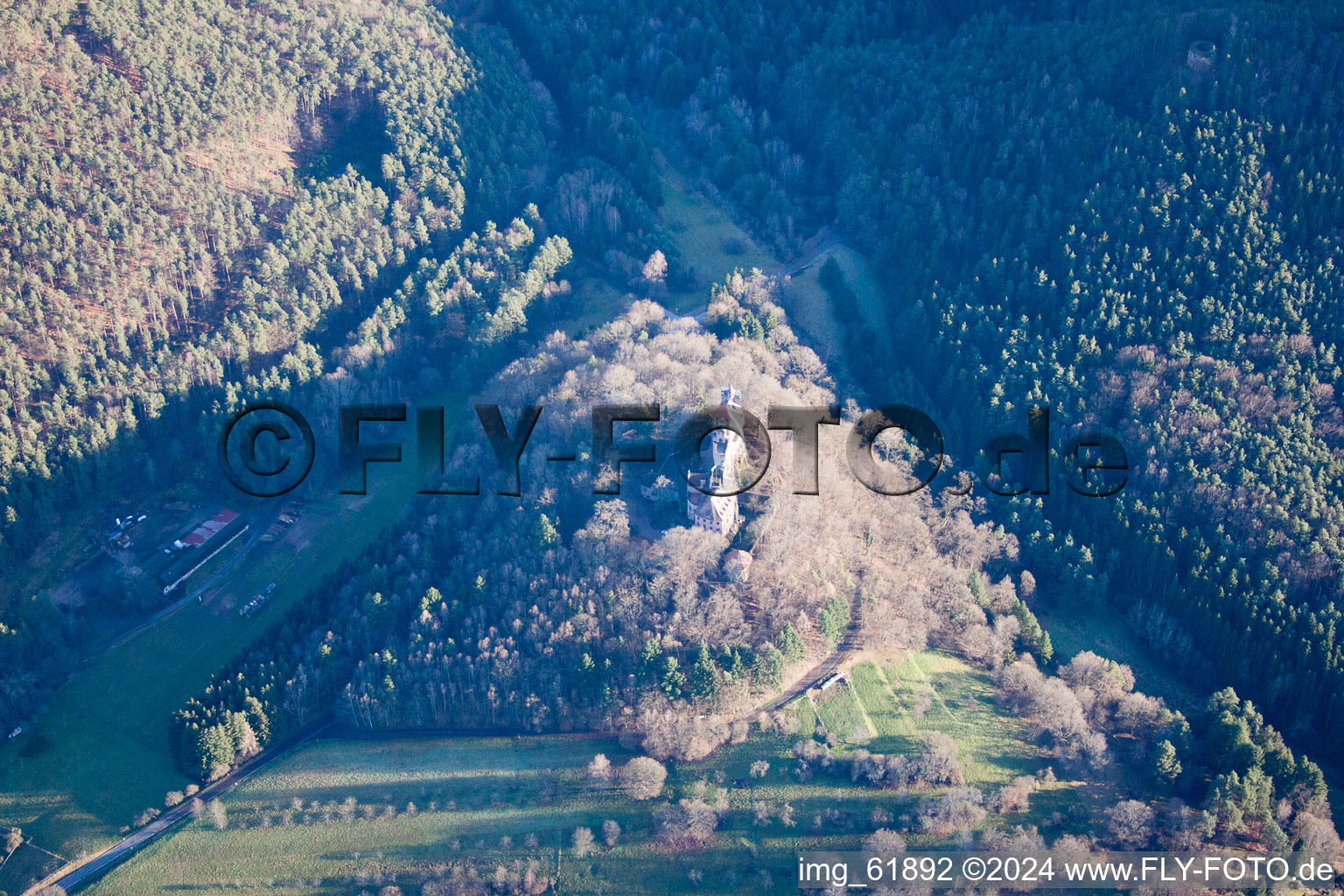 Drone recording of Erlenbach, Berwartstein Castle in Erlenbach bei Dahn in the state Rhineland-Palatinate, Germany