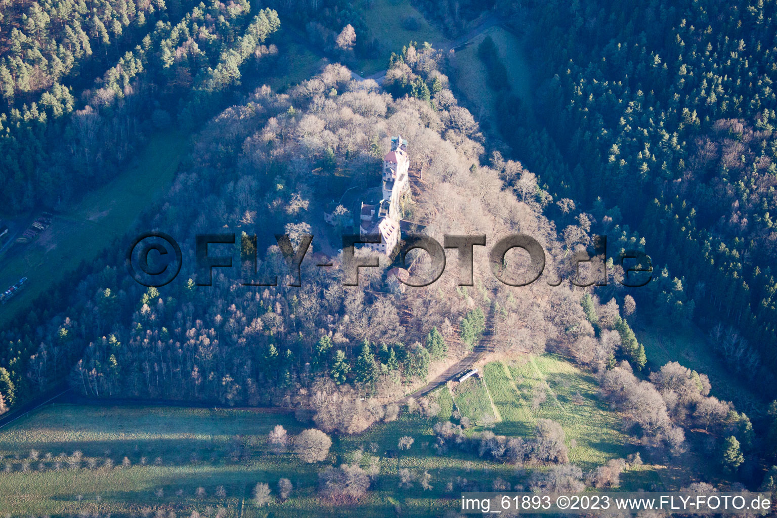 Erlenbach, Berwartstein Castle in Erlenbach bei Dahn in the state Rhineland-Palatinate, Germany from a drone