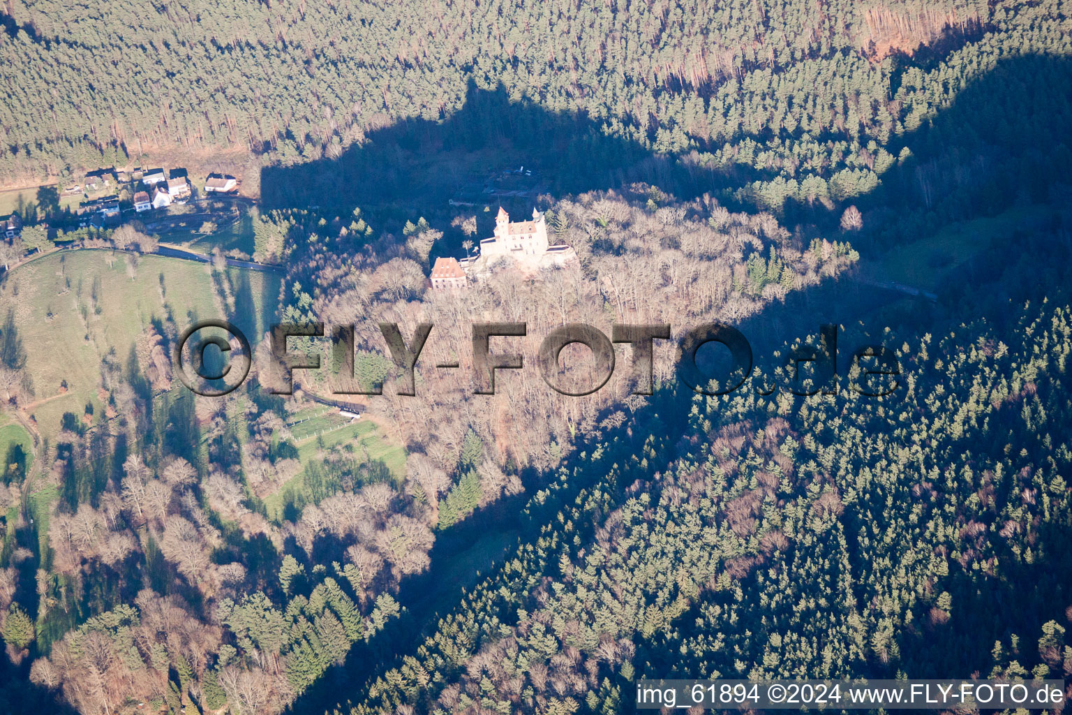 Erlenbach, Berwartstein Castle in Erlenbach bei Dahn in the state Rhineland-Palatinate, Germany from the drone perspective