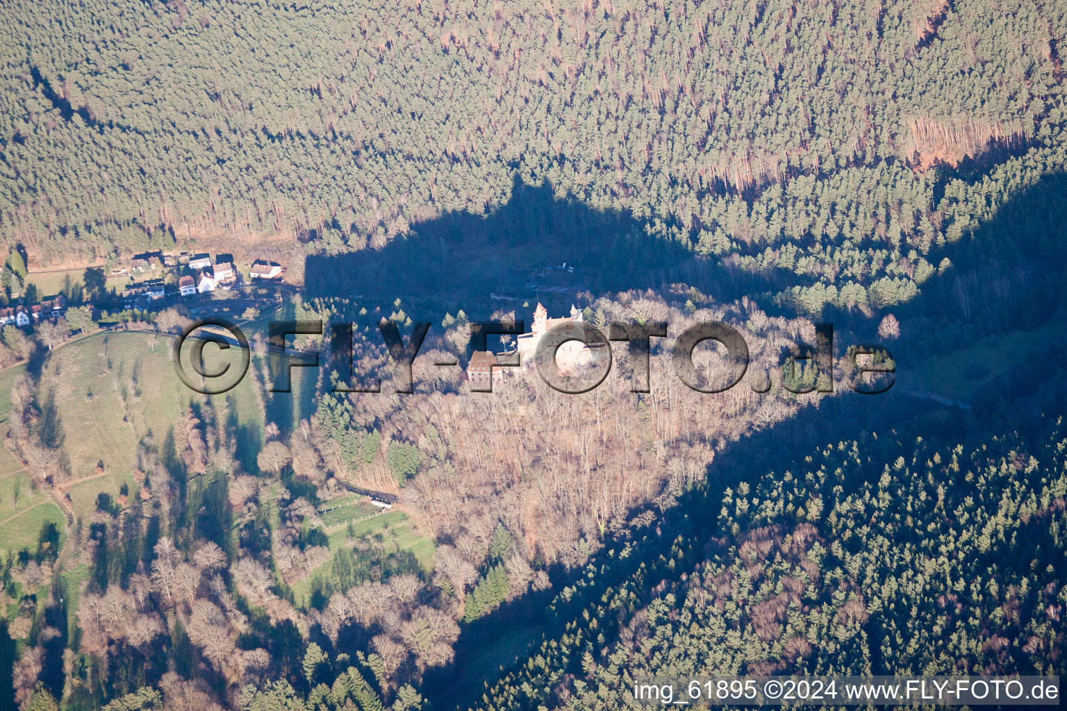 Erlenbach, Berwartstein Castle in Erlenbach bei Dahn in the state Rhineland-Palatinate, Germany from a drone