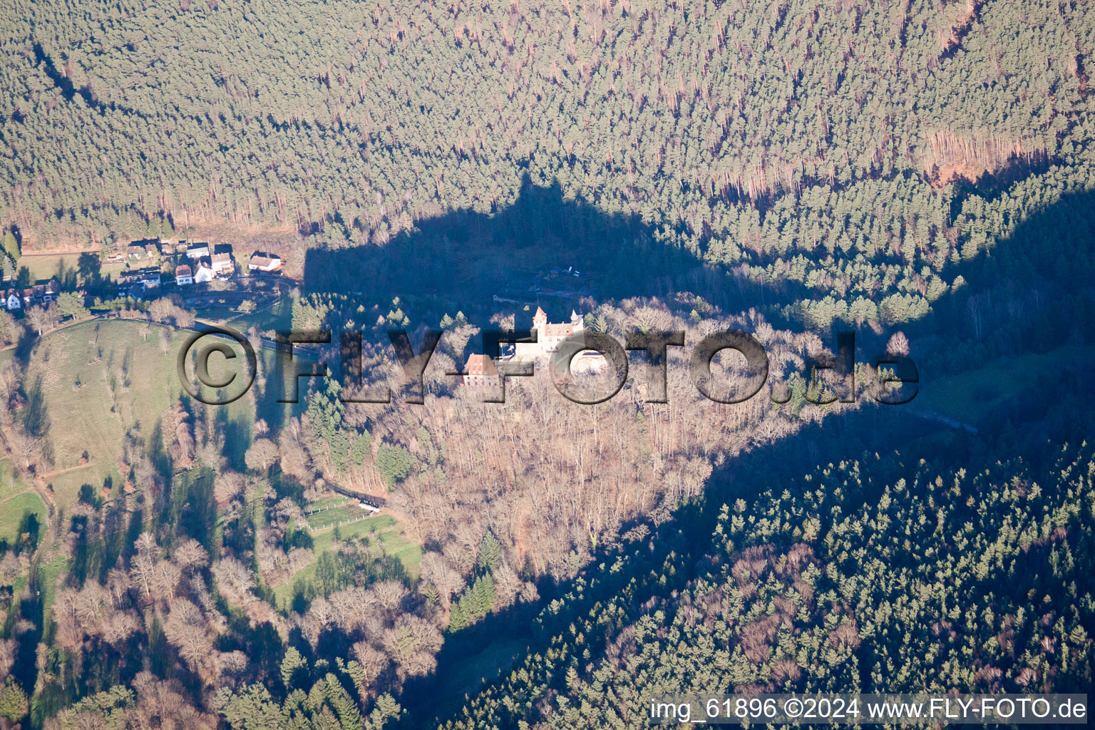 Erlenbach, Berwartstein Castle in Erlenbach bei Dahn in the state Rhineland-Palatinate, Germany seen from a drone