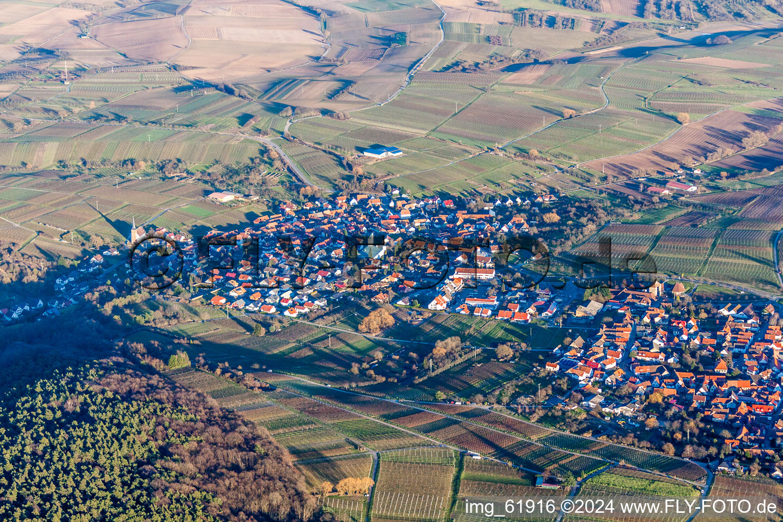Village - view on the edge of wineyards and forsts in Rechtenbach in the state Rhineland-Palatinate, Germany from above