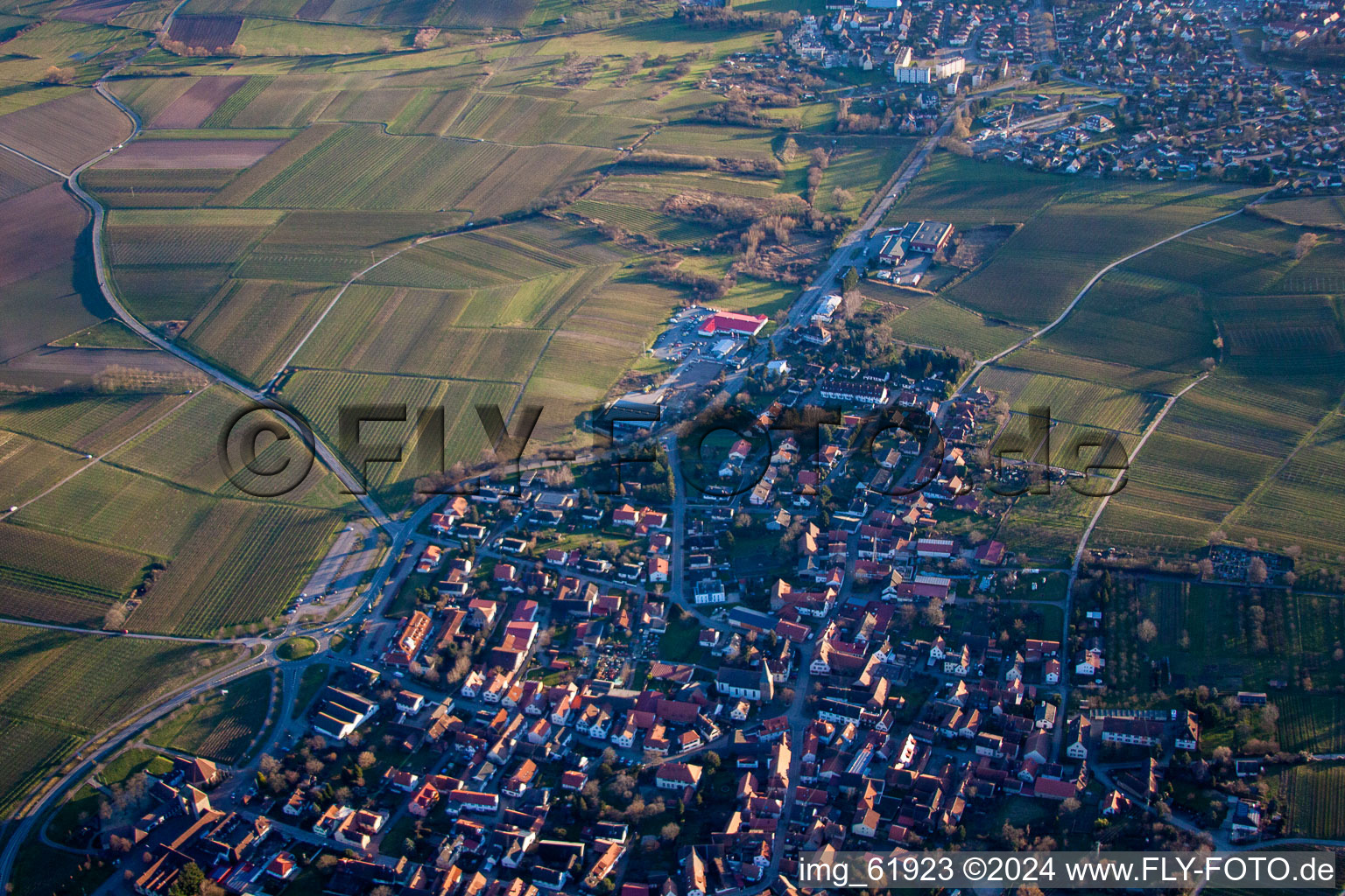 Oblique view of District Rechtenbach in Schweigen-Rechtenbach in the state Rhineland-Palatinate, Germany