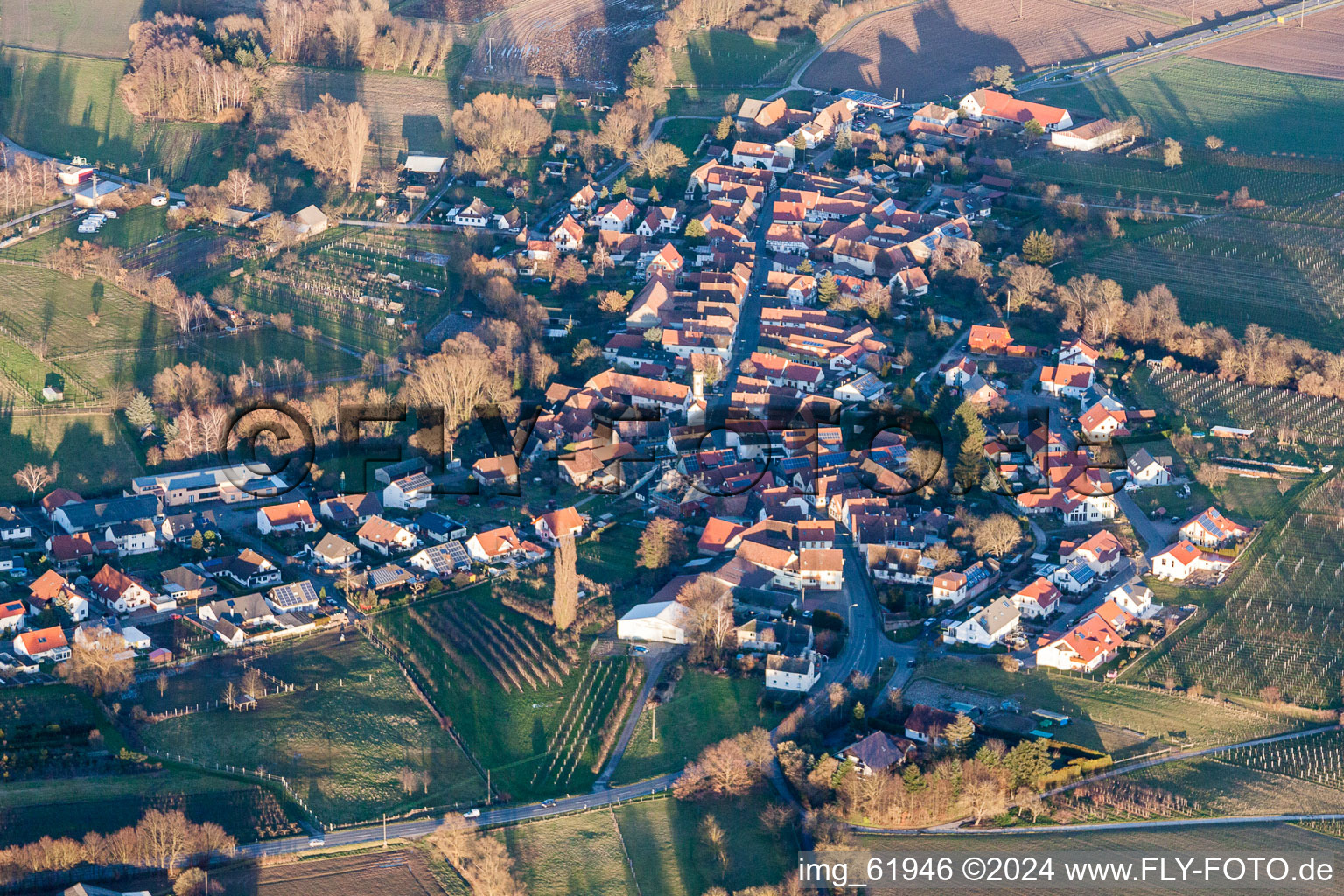 Aerial photograpy of Village - view on the edge of agricultural fields and farmland in Oberhausen in the state Rhineland-Palatinate, Germany