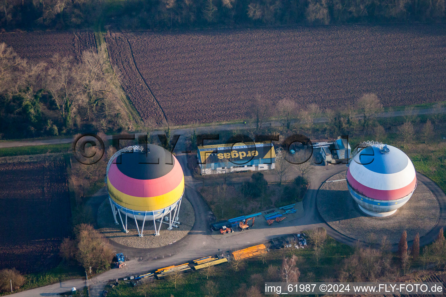 Aerial photograpy of French German painted gas storage tanks in Rastatt in the state Baden-Wuerttemberg, Germany