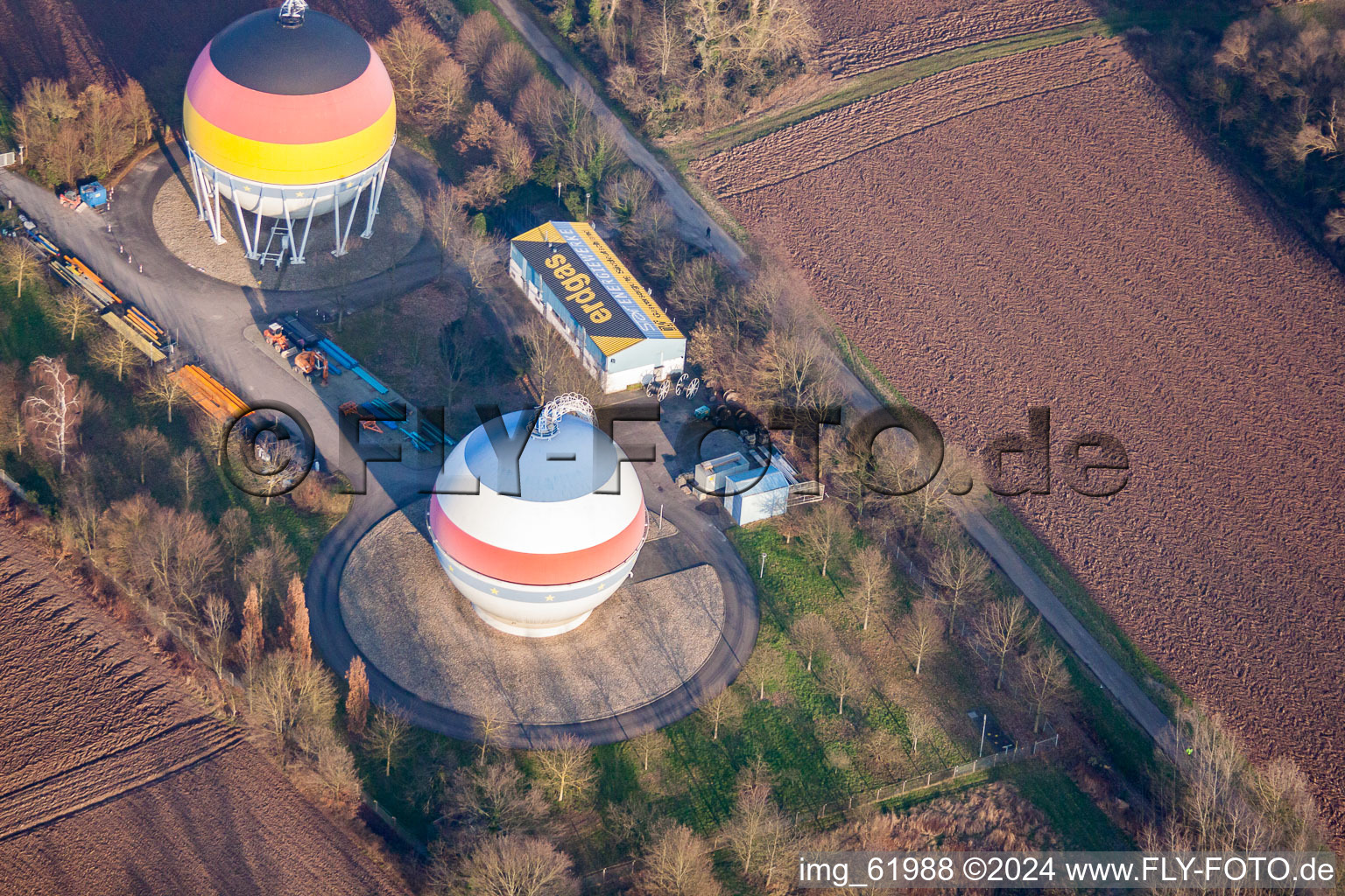 Oblique view of French German painted gas storage tanks in Rastatt in the state Baden-Wuerttemberg, Germany