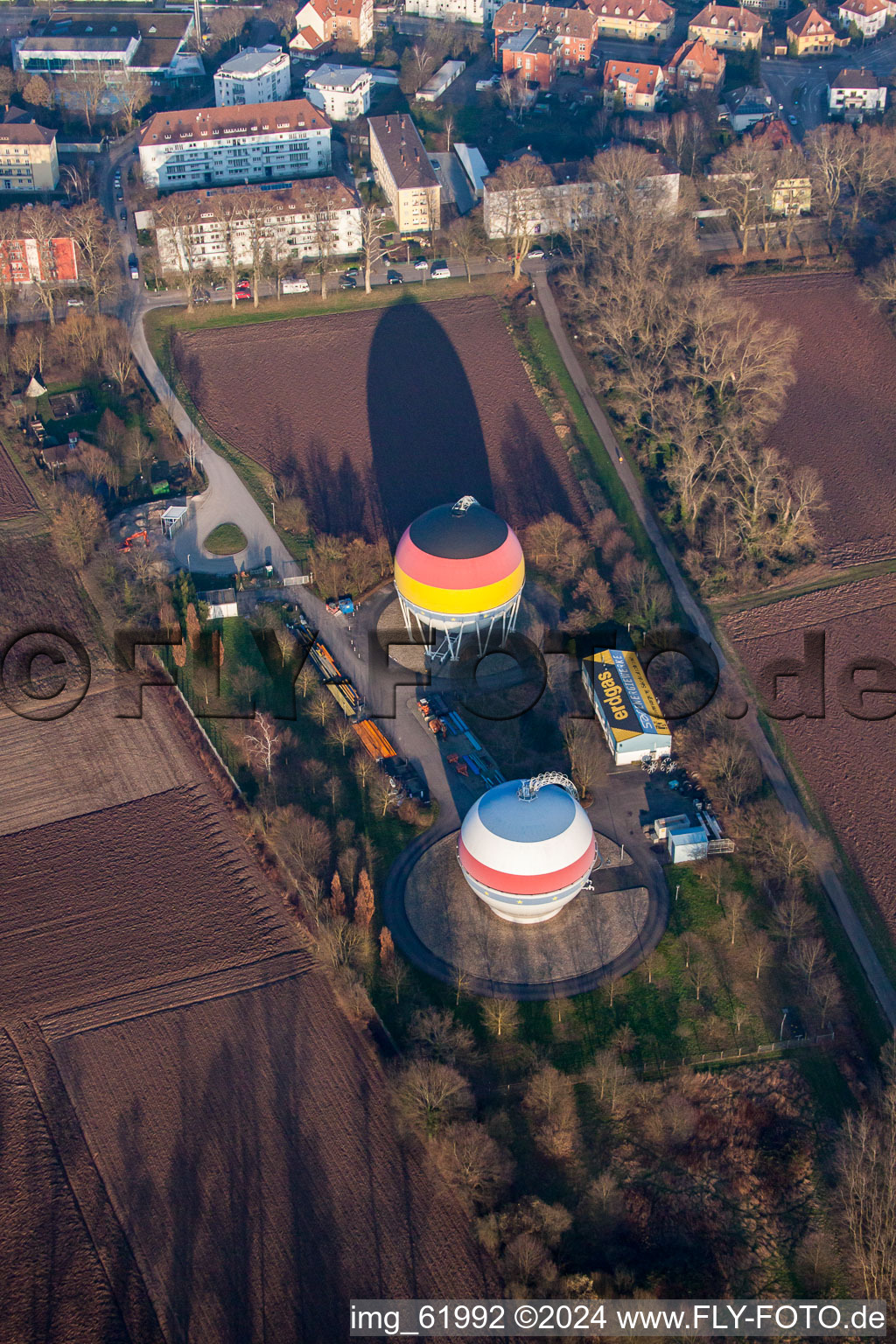 French German painted gas storage tanks in Rastatt in the state Baden-Wuerttemberg, Germany seen from above