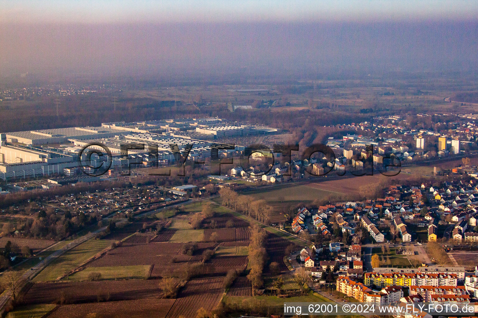 Aerial view of Mercedes Benz plant from the southeast in Rastatt in the state Baden-Wuerttemberg, Germany