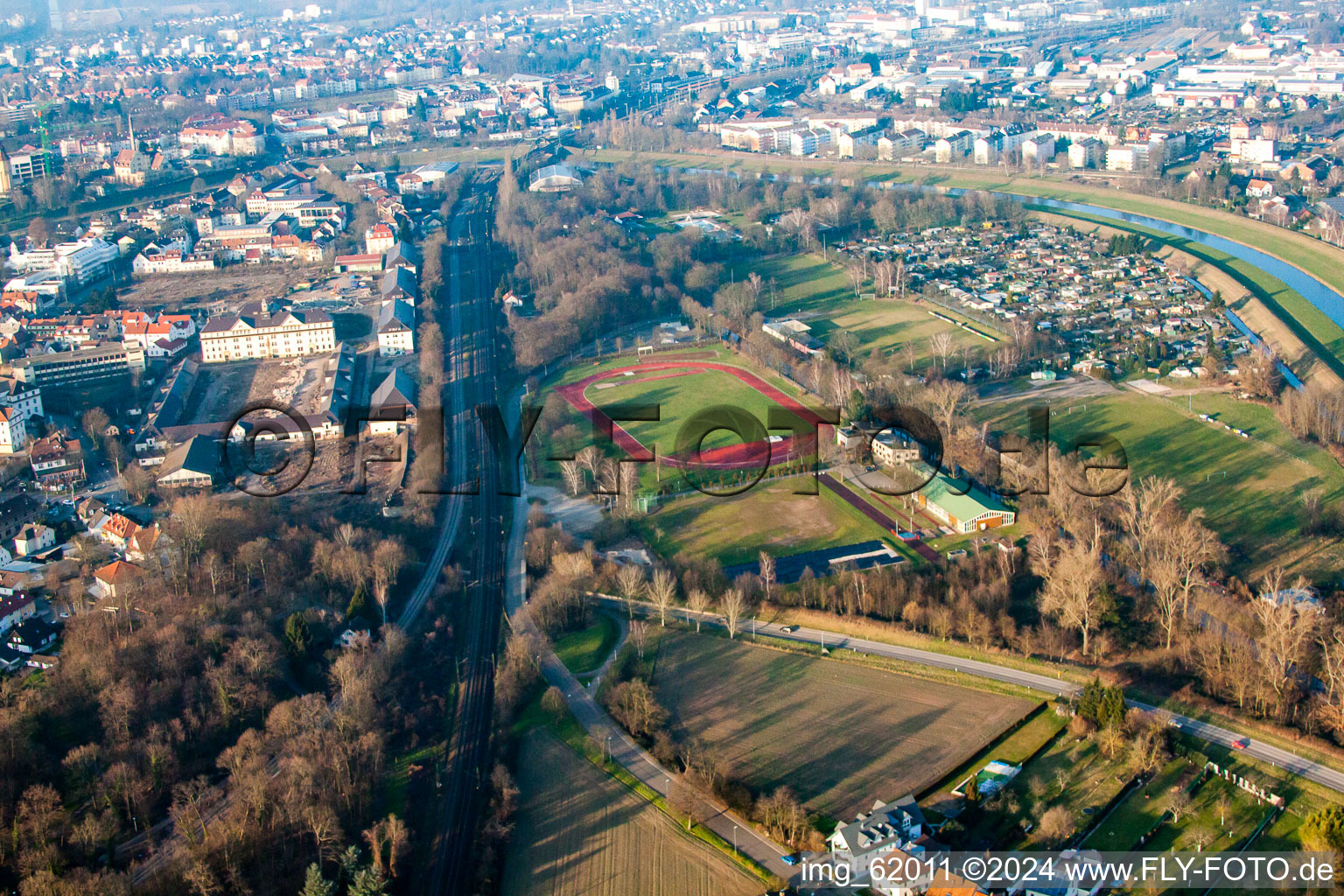 Aerial view of Münchfeld Stadium in Rastatt in the state Baden-Wuerttemberg, Germany