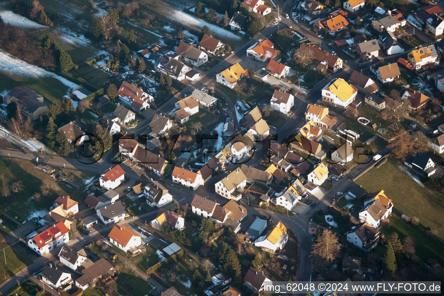 Aerial view of In winter when there is snow in the district Freiolsheim in Gaggenau in the state Baden-Wuerttemberg, Germany