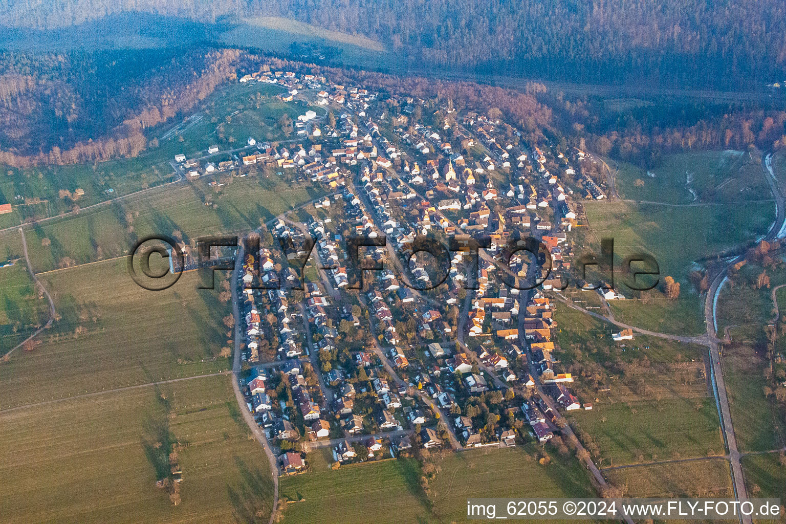 Aerial view of From the west in the district Burbach in Marxzell in the state Baden-Wuerttemberg, Germany