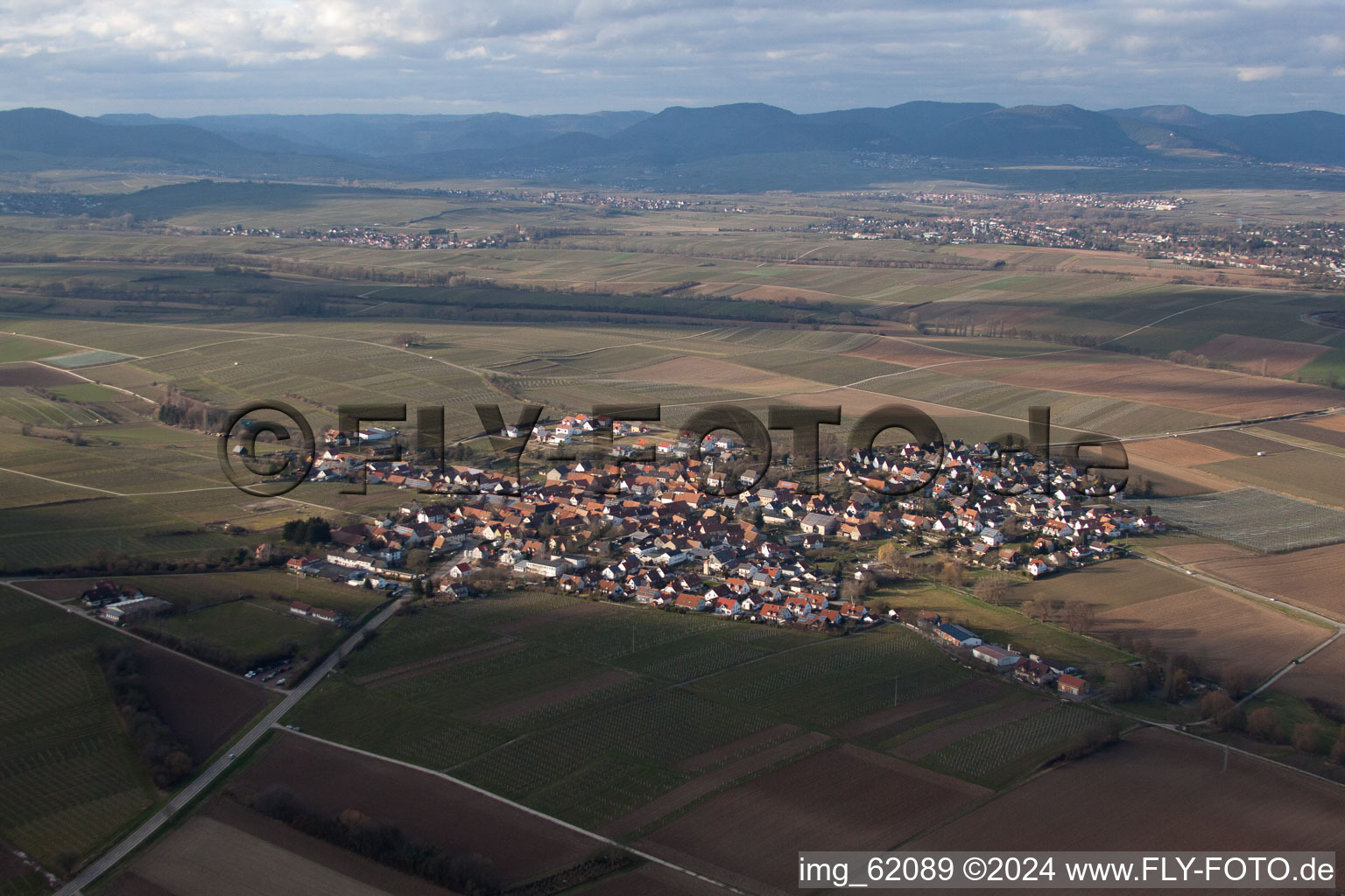 Aerial view of Village - view on the edge of agricultural fields and farmland in Impflingen in the state Rhineland-Palatinate, Germany