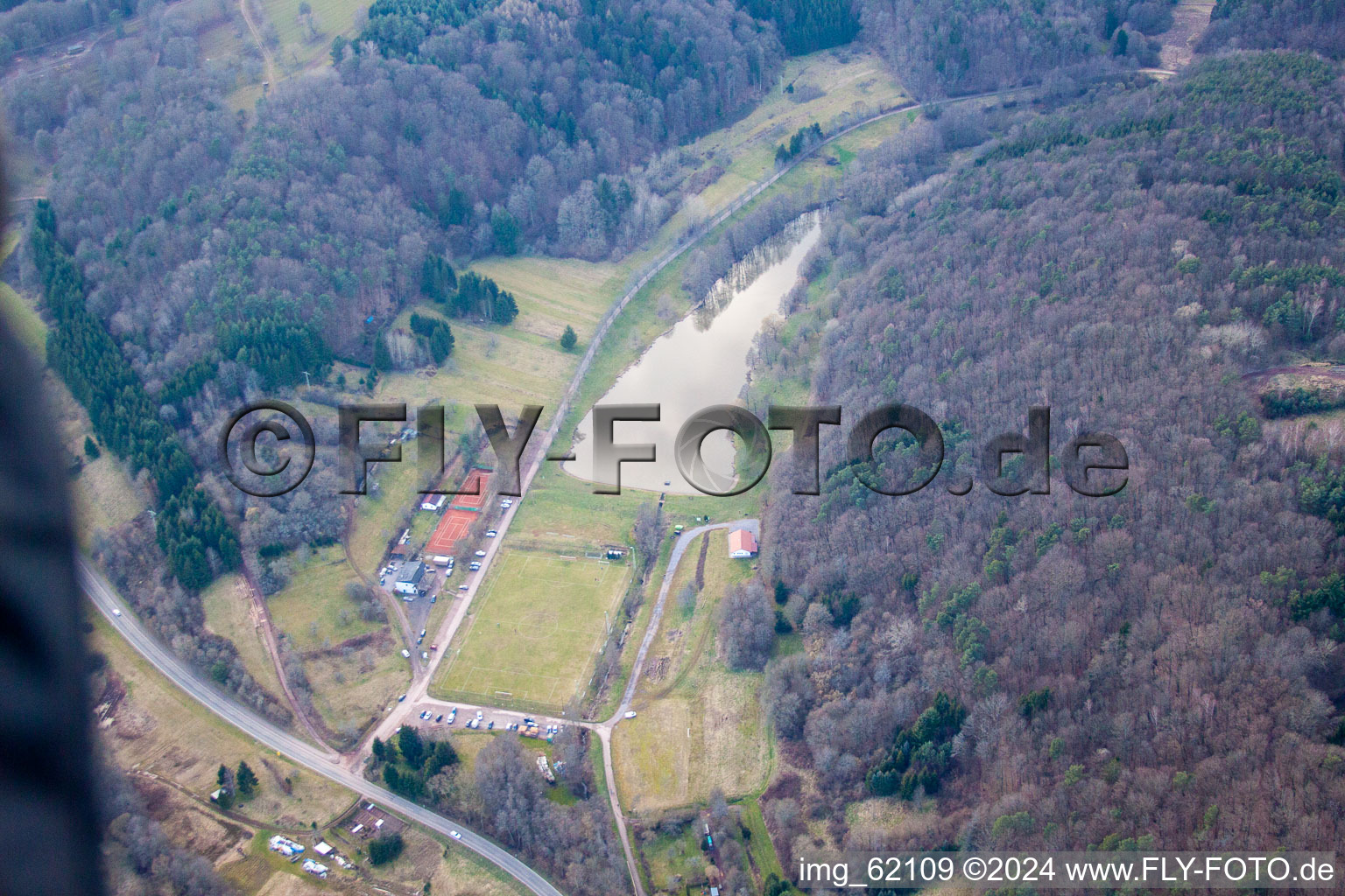 Aerial view of Sports field at Klingbach in Silz in the state Rhineland-Palatinate, Germany