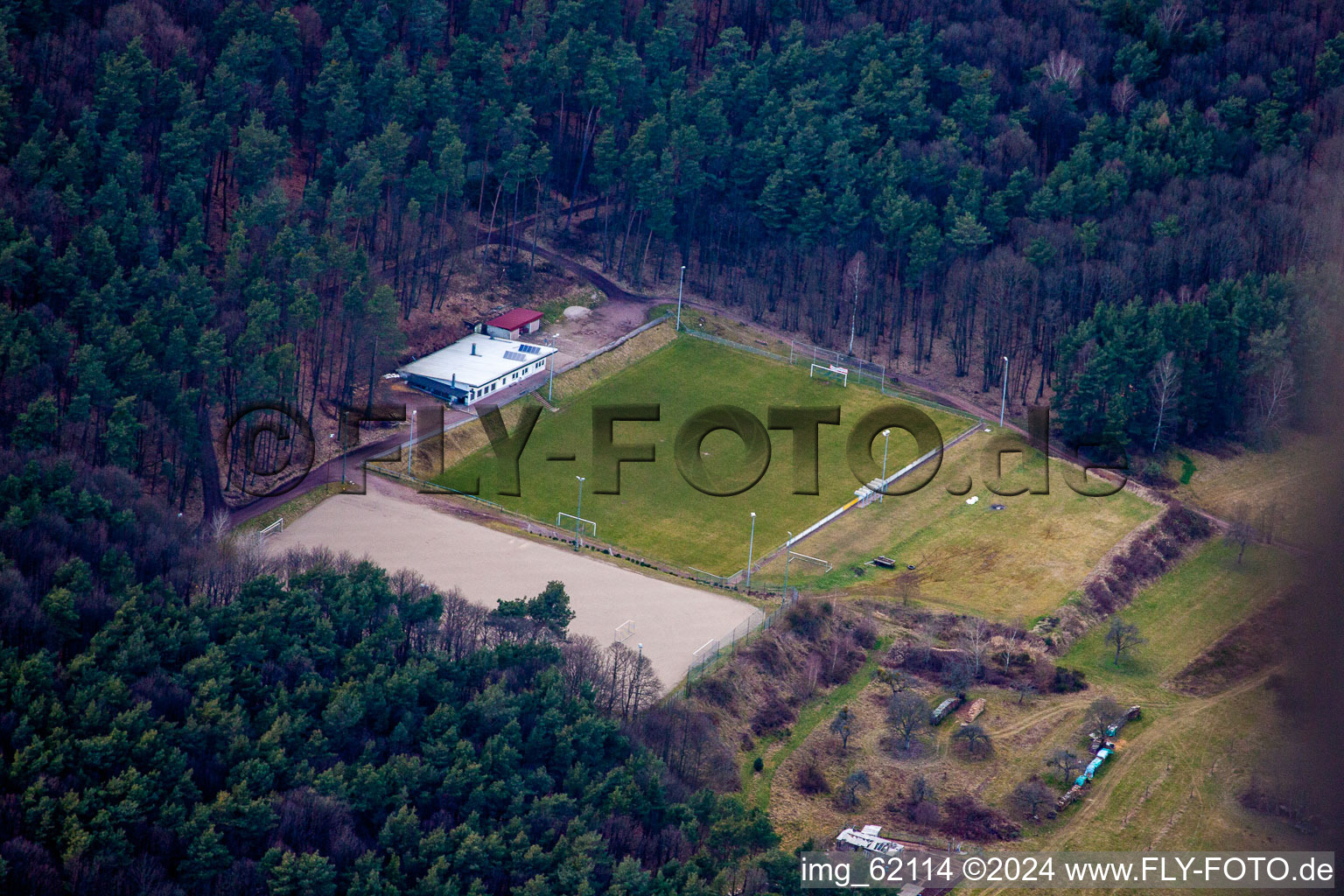 Aerial view of SV sports field in the district Gossersweiler in Gossersweiler-Stein in the state Rhineland-Palatinate, Germany