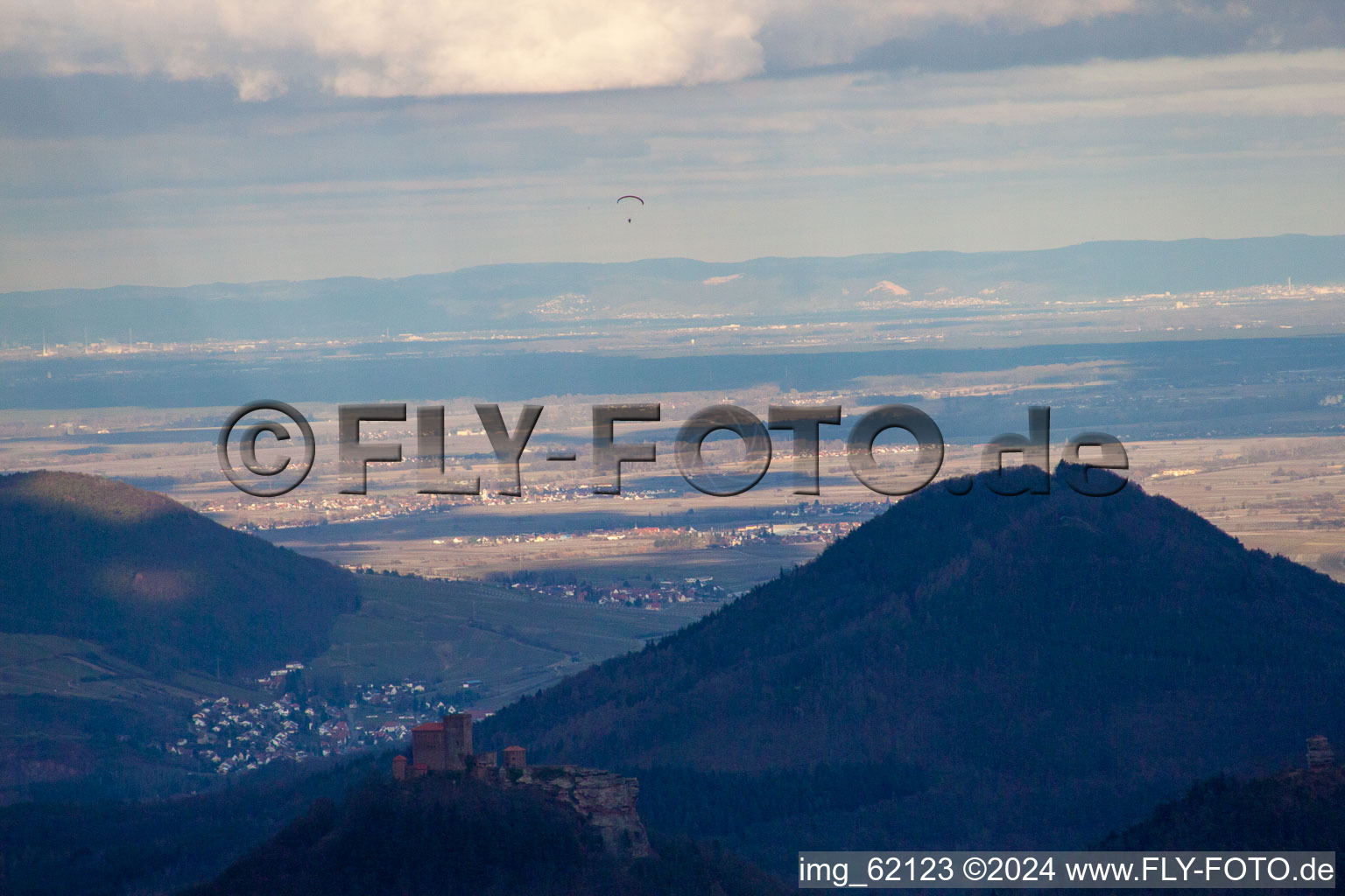 Aerial view of Trifels and Hohenberg in Birkweiler in the state Rhineland-Palatinate, Germany