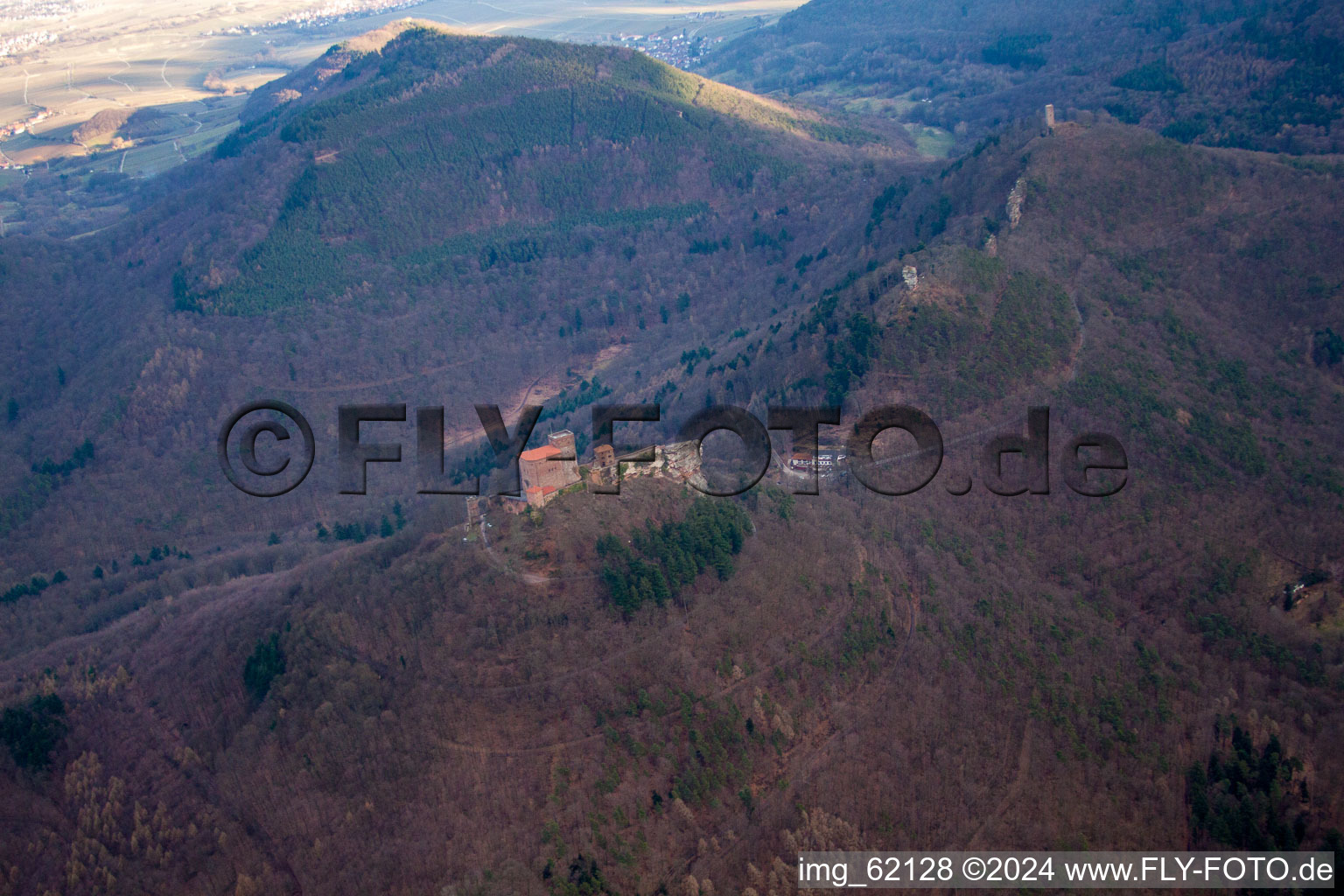 The 3 castles Trifels, Anebos and Münz in the district Bindersbach in Annweiler am Trifels in the state Rhineland-Palatinate, Germany from above