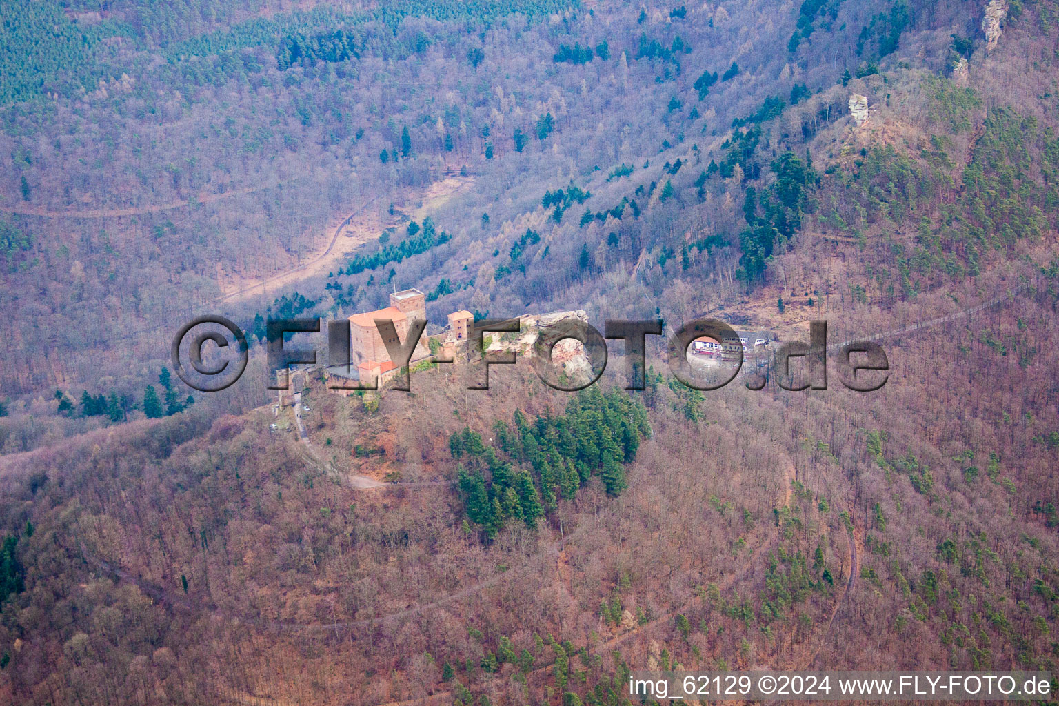 The 3 castles Trifels, Anebos and Münz in the district Bindersbach in Annweiler am Trifels in the state Rhineland-Palatinate, Germany out of the air