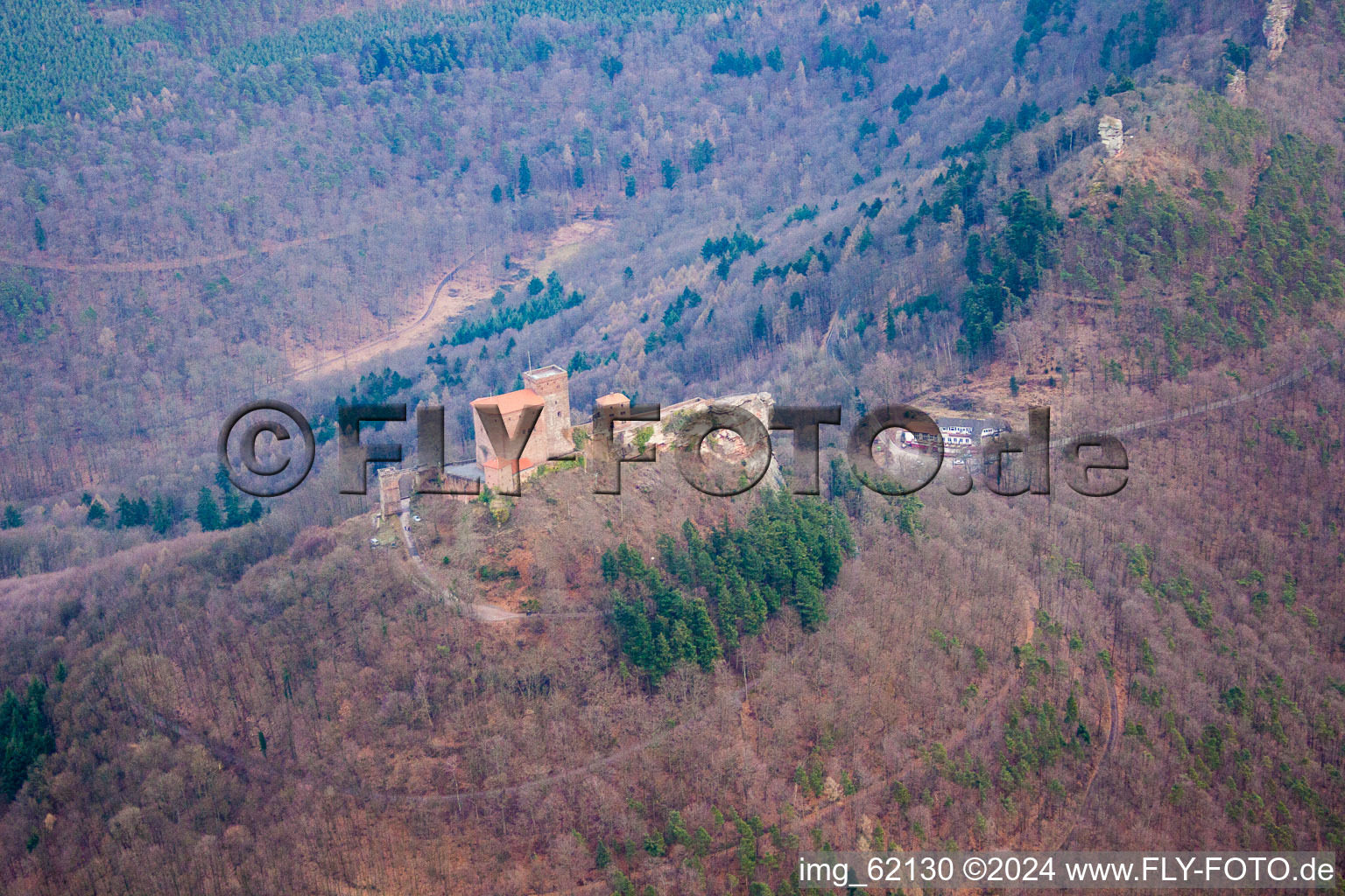 The 3 castles Trifels, Anebos and Münz in the district Bindersbach in Annweiler am Trifels in the state Rhineland-Palatinate, Germany seen from above