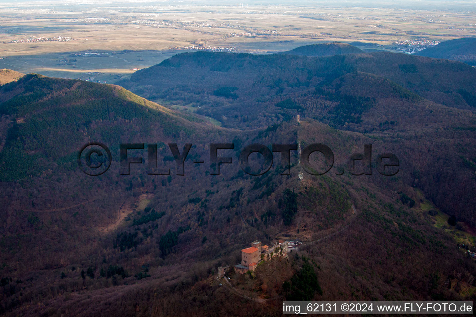 Aerial view of The 3 castles Trifels, Anebos and Münz in Leinsweiler in the state Rhineland-Palatinate, Germany