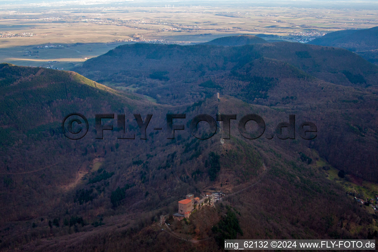 Aerial photograpy of The 3 castles Trifels, Anebos and Münz in Leinsweiler in the state Rhineland-Palatinate, Germany