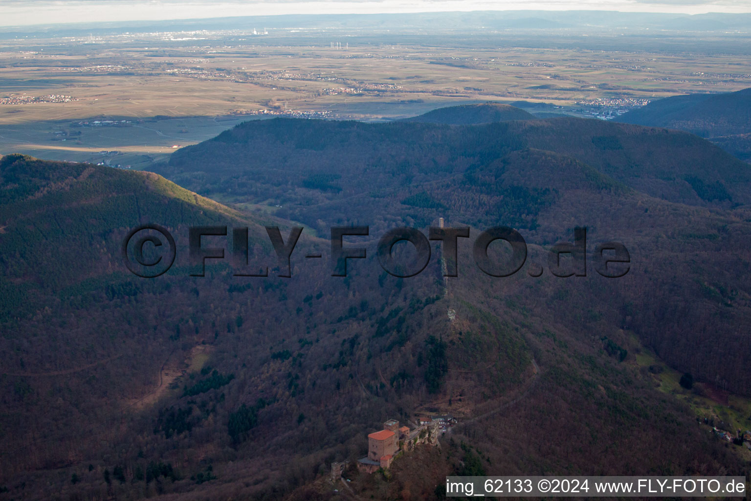 Oblique view of The 3 castles Trifels, Anebos and Münz in Leinsweiler in the state Rhineland-Palatinate, Germany