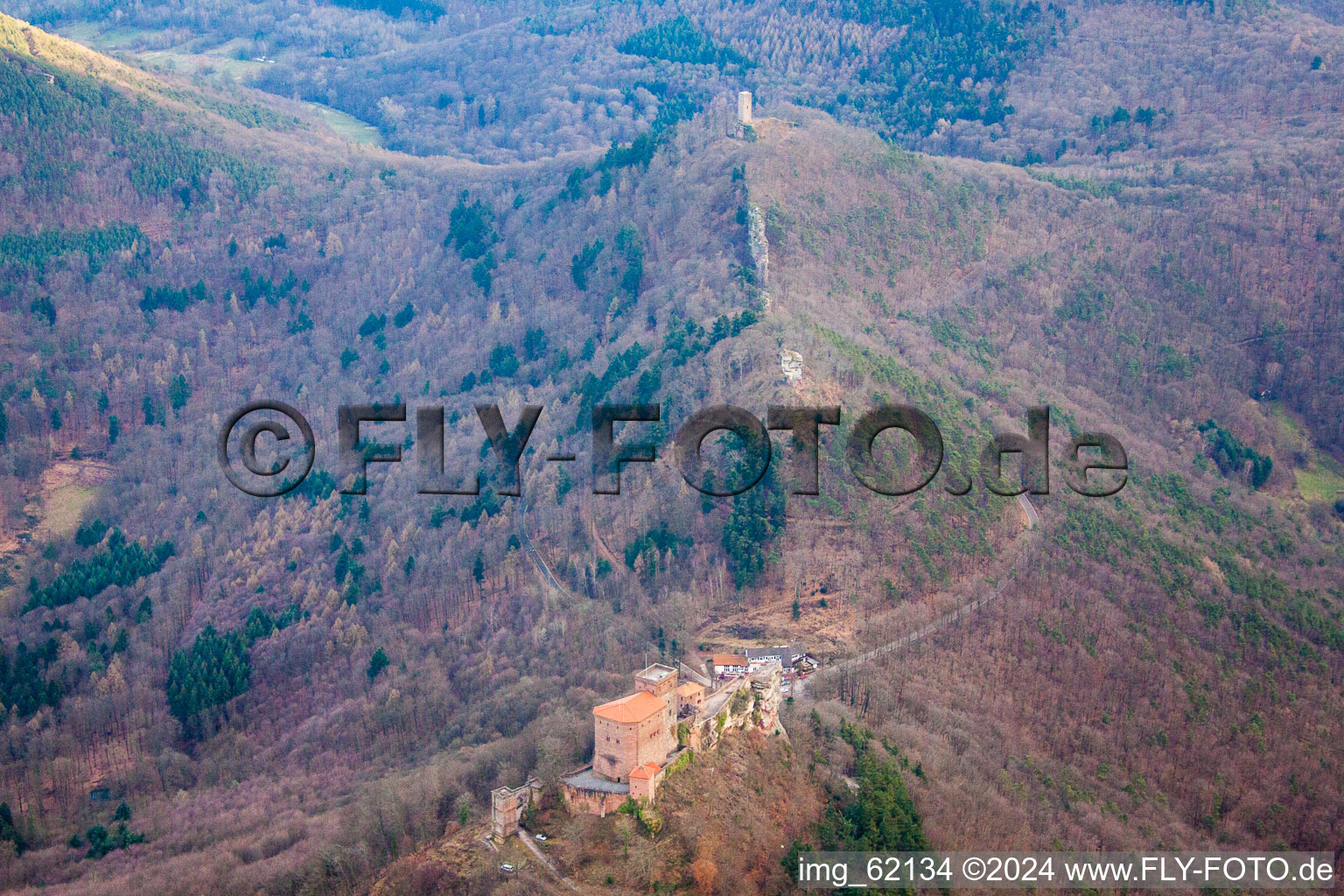 The 3 castles Trifels, Anebos and Münz in Leinsweiler in the state Rhineland-Palatinate, Germany from above