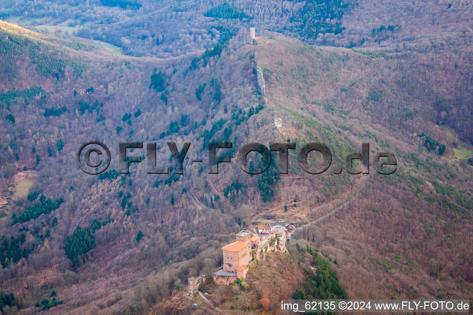 The 3 castles Trifels, Anebos and Münz in Leinsweiler in the state Rhineland-Palatinate, Germany out of the air