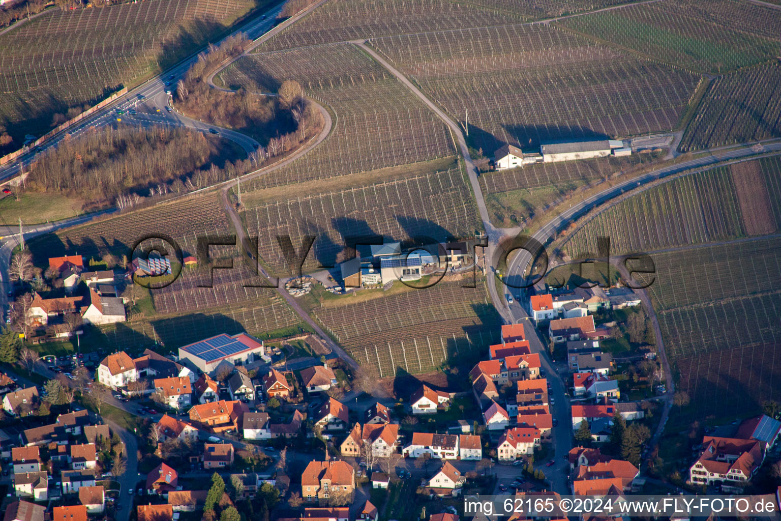 Oblique view of Gies-Düppel Winery in Birkweiler in the state Rhineland-Palatinate, Germany