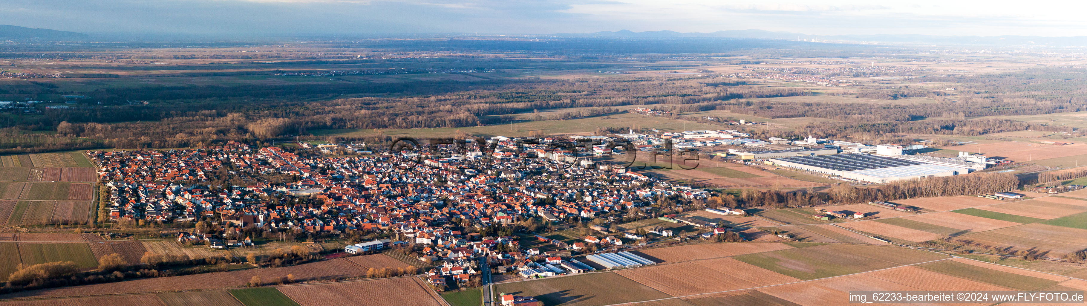 Panoramic perspective of Town View of the streets and houses of the residential areas in Offenbach an der Queich in the state Rhineland-Palatinate, Germany