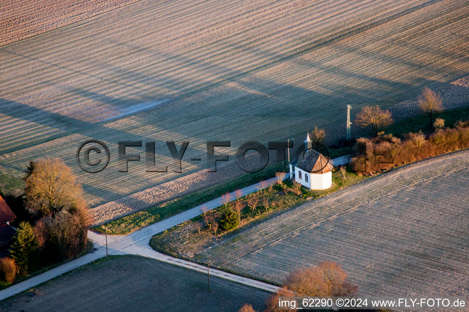 Aerial view of Churches building of a chapel in Ruelzheim in the state Rhineland-Palatinate, Germany