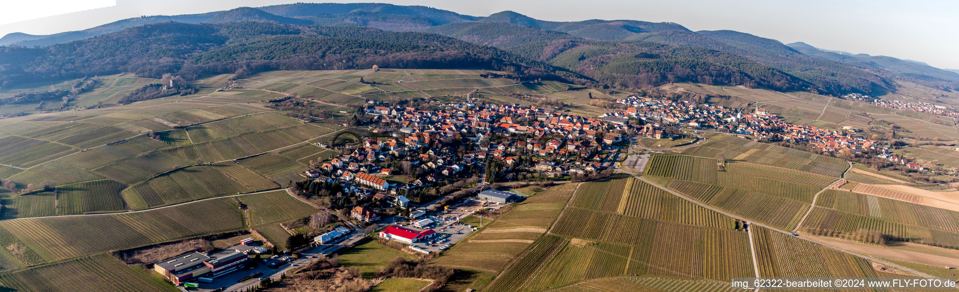 Oblique view of Village - view on the edge of wine yards in Schweigen in the state Rhineland-Palatinate, Germany