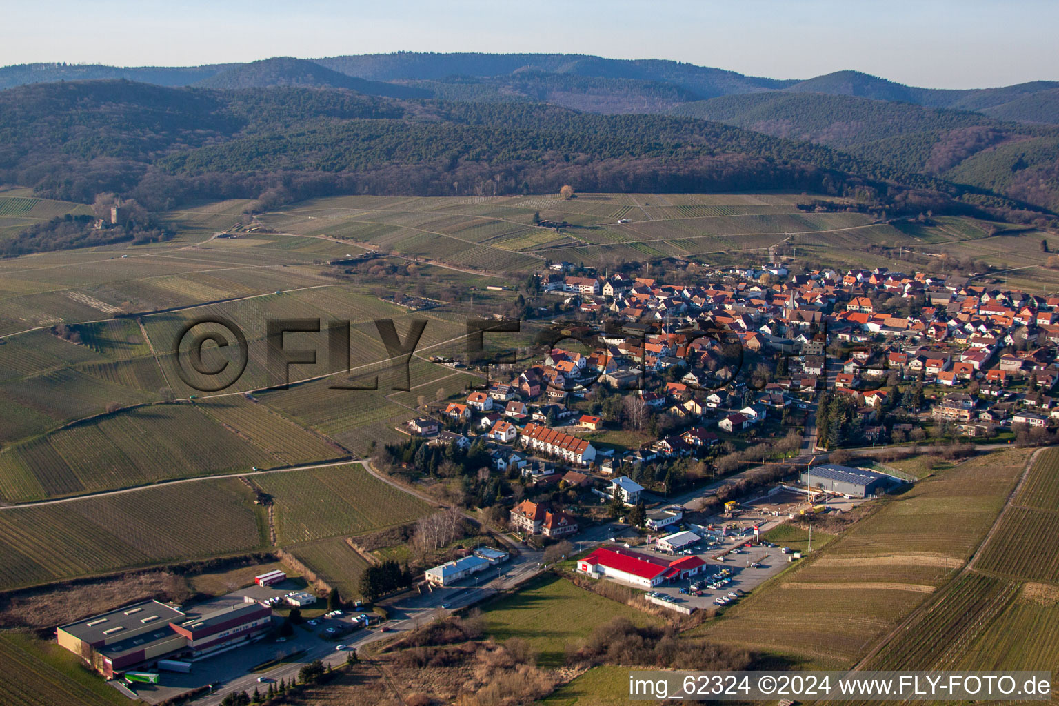 District Schweigen in Schweigen-Rechtenbach in the state Rhineland-Palatinate, Germany viewn from the air