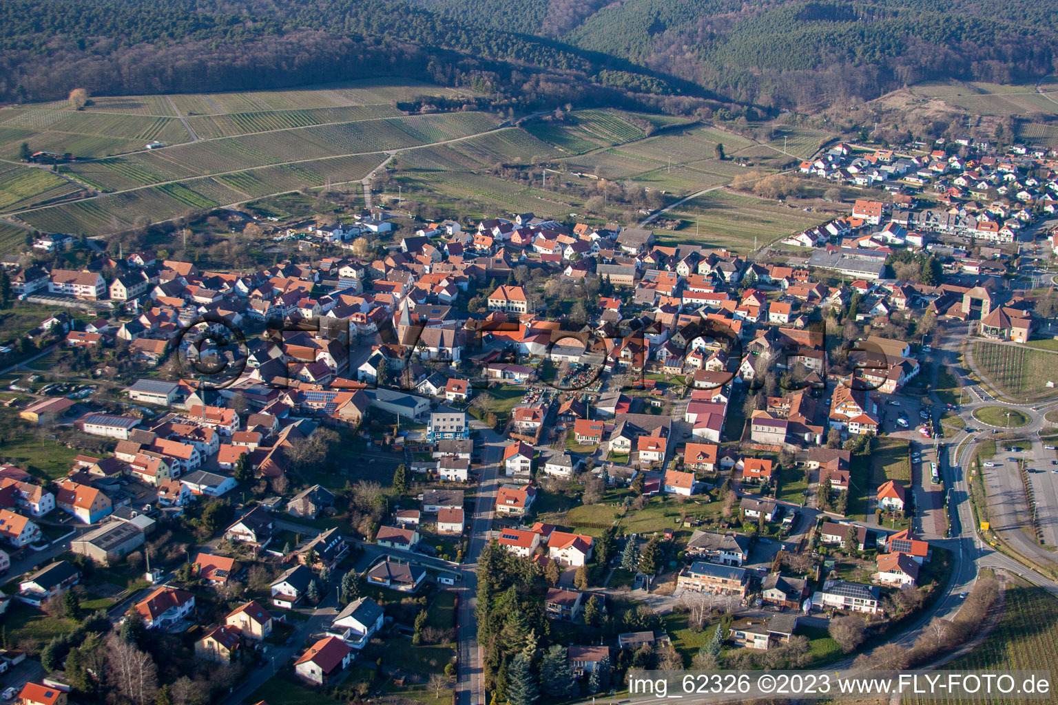 District Schweigen in Schweigen-Rechtenbach in the state Rhineland-Palatinate, Germany viewn from the air