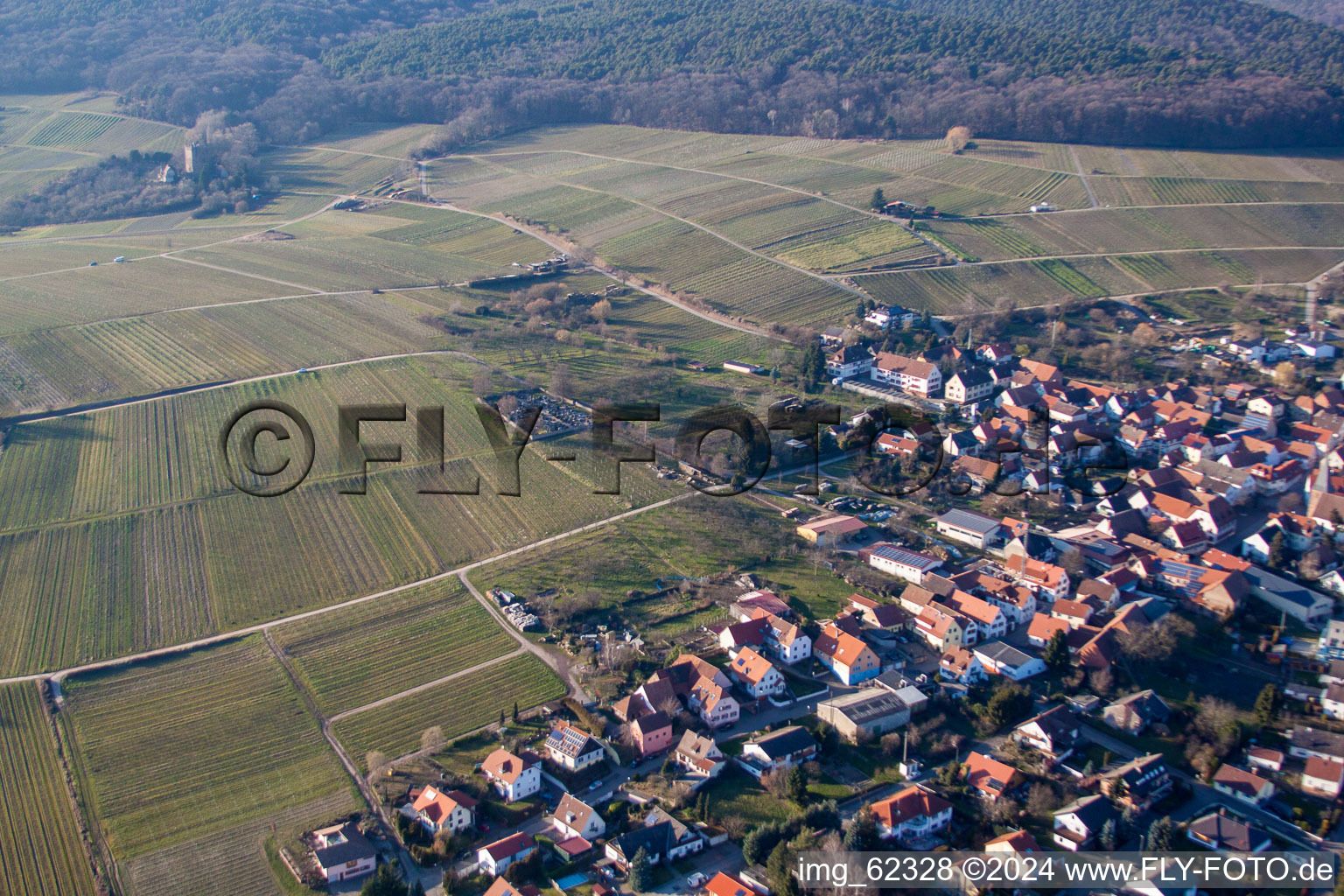 District Schweigen in Schweigen-Rechtenbach in the state Rhineland-Palatinate, Germany from a drone