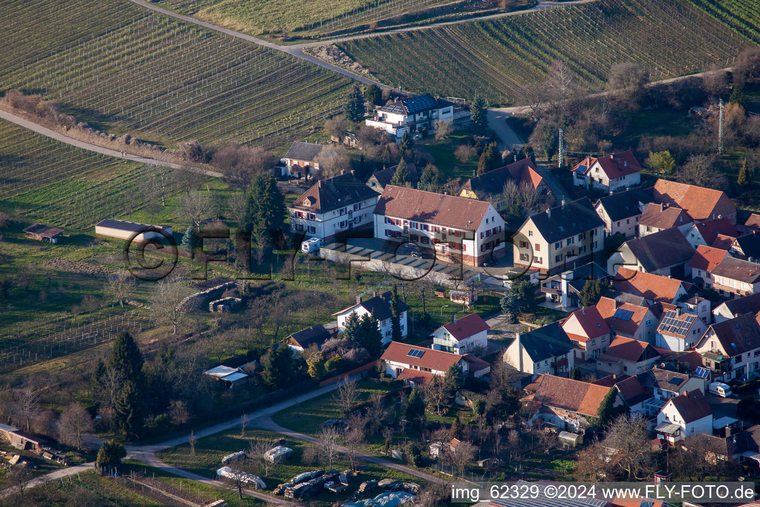 District Schweigen in Schweigen-Rechtenbach in the state Rhineland-Palatinate, Germany seen from a drone