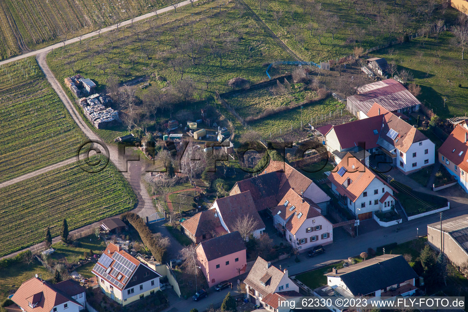 District Schweigen in Schweigen-Rechtenbach in the state Rhineland-Palatinate, Germany from a drone