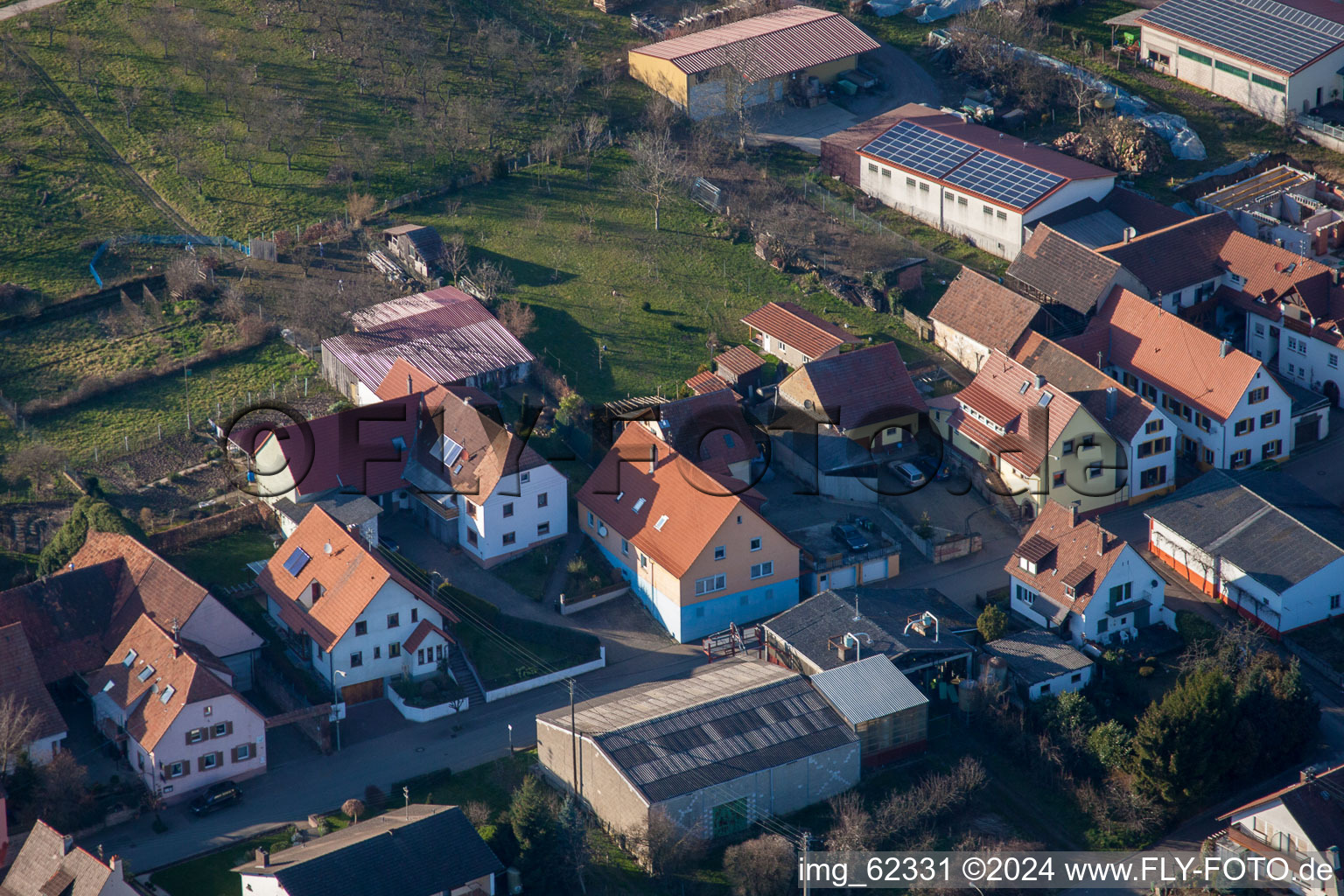 District Schweigen in Schweigen-Rechtenbach in the state Rhineland-Palatinate, Germany seen from a drone