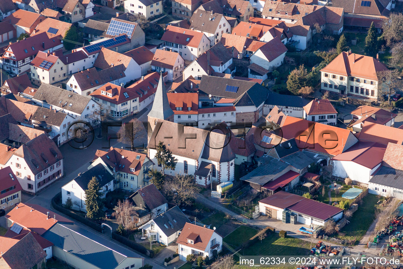 Aerial view of Church building in the village of in the district Schweigen in Schweigen-Rechtenbach in the state Rhineland-Palatinate, Germany
