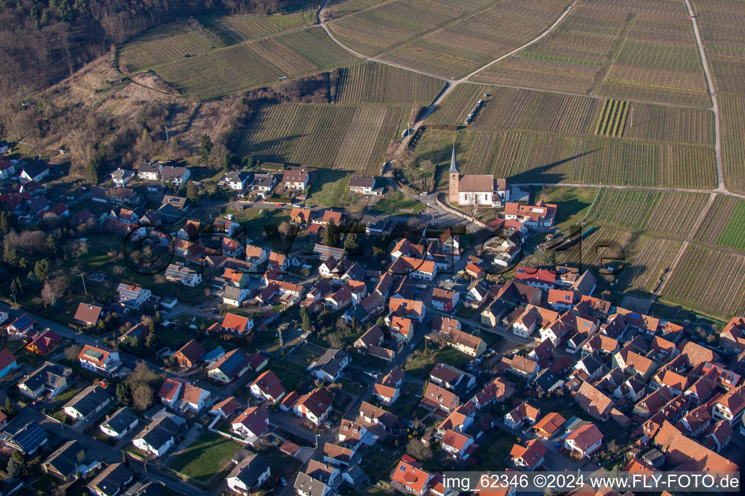 District Rechtenbach in Schweigen-Rechtenbach in the state Rhineland-Palatinate, Germany viewn from the air