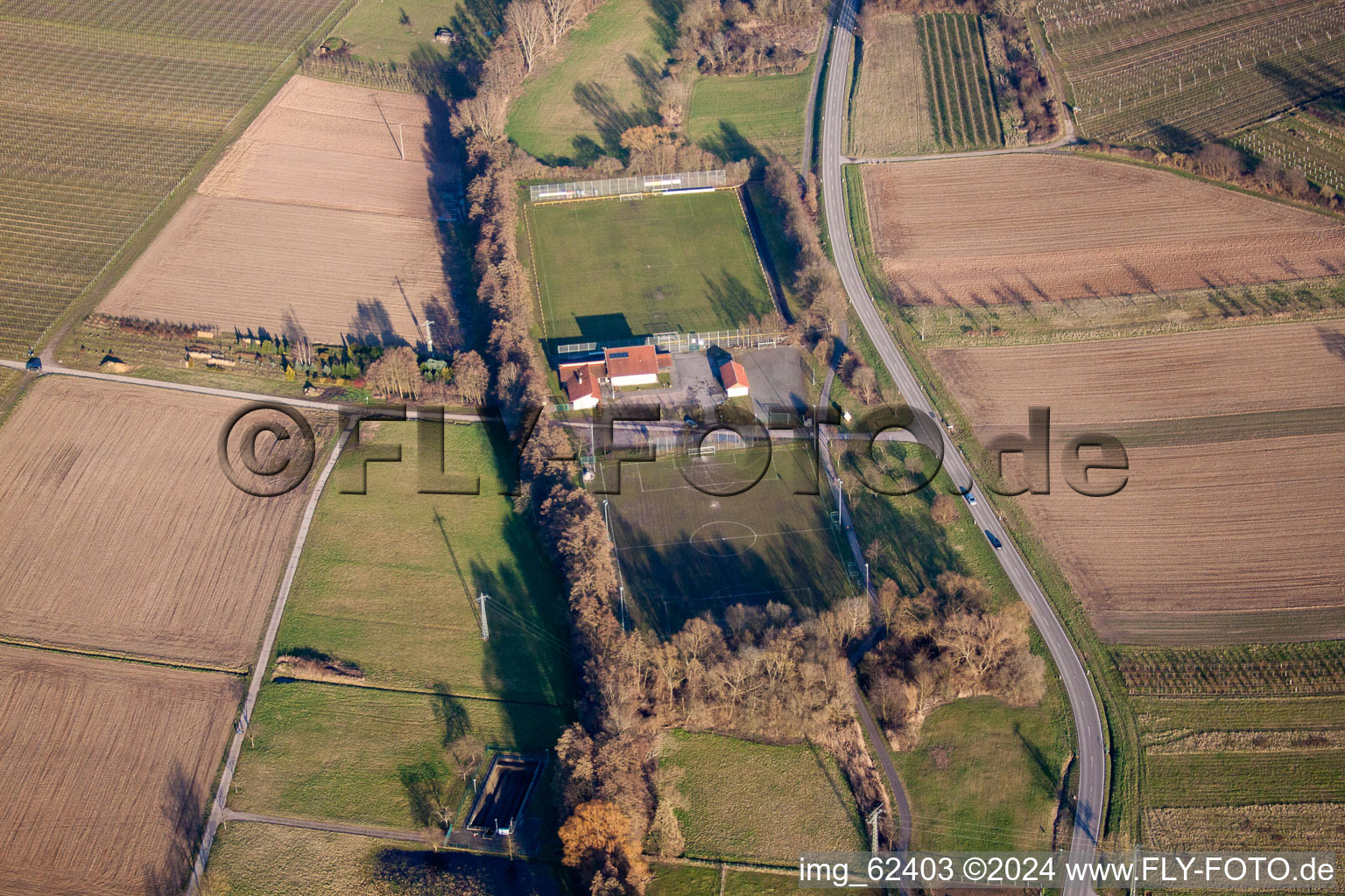 Sports fields on the Klingbach in Klingenmünster in the state Rhineland-Palatinate, Germany