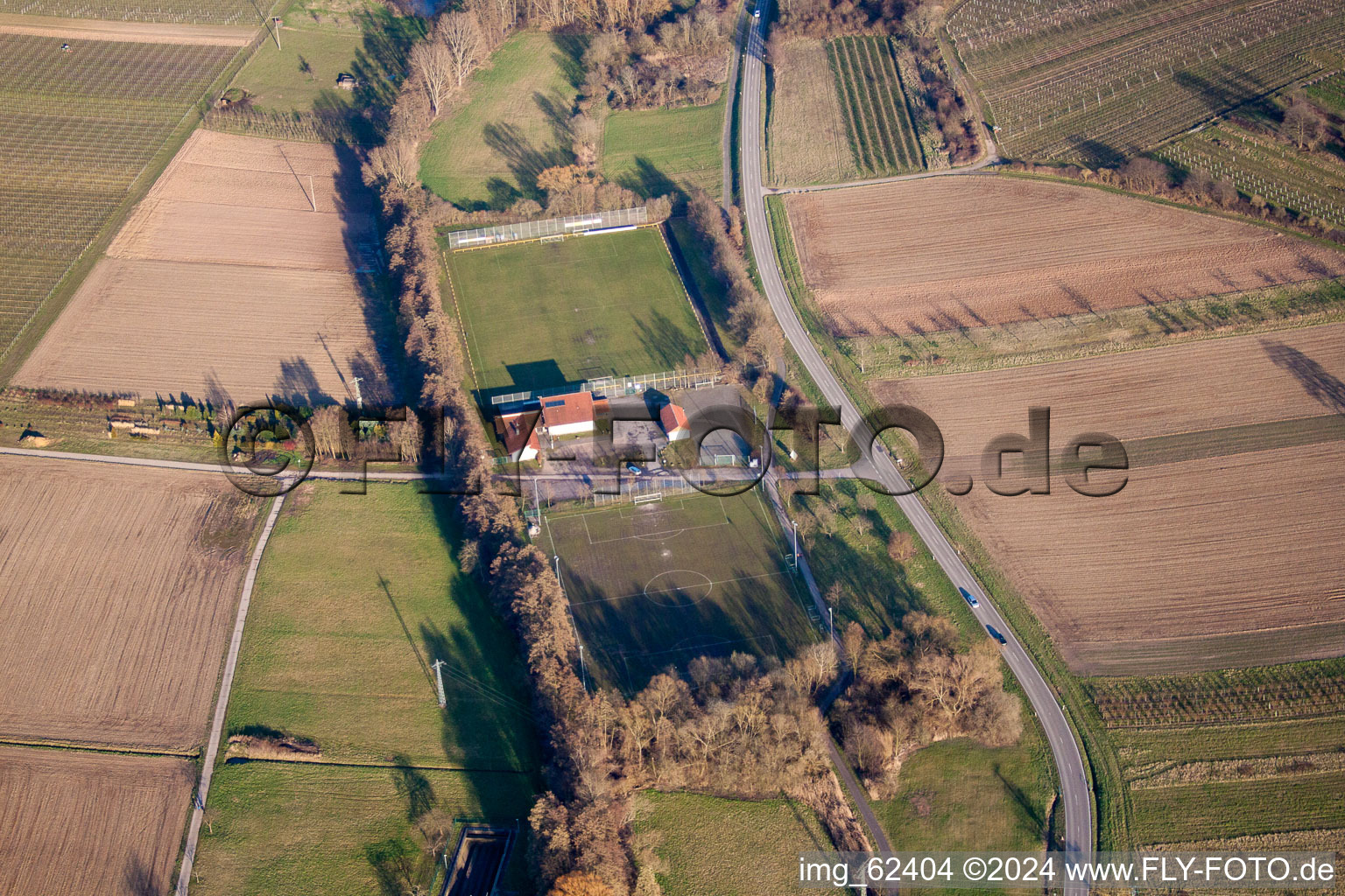 Aerial view of Sports fields at Klingbach in Klingenmünster in the state Rhineland-Palatinate, Germany